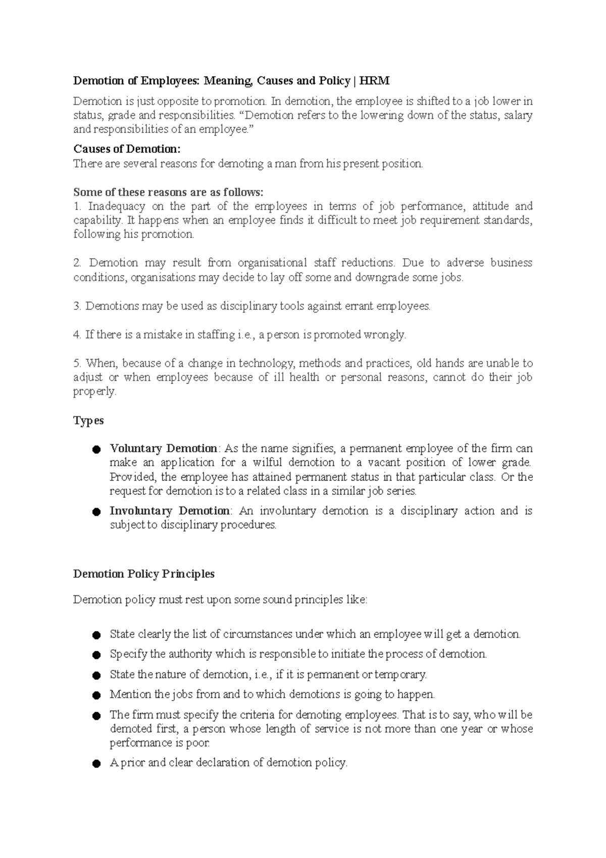 Demotion and Employee Separation: HRM Insights and Policies - Studocu