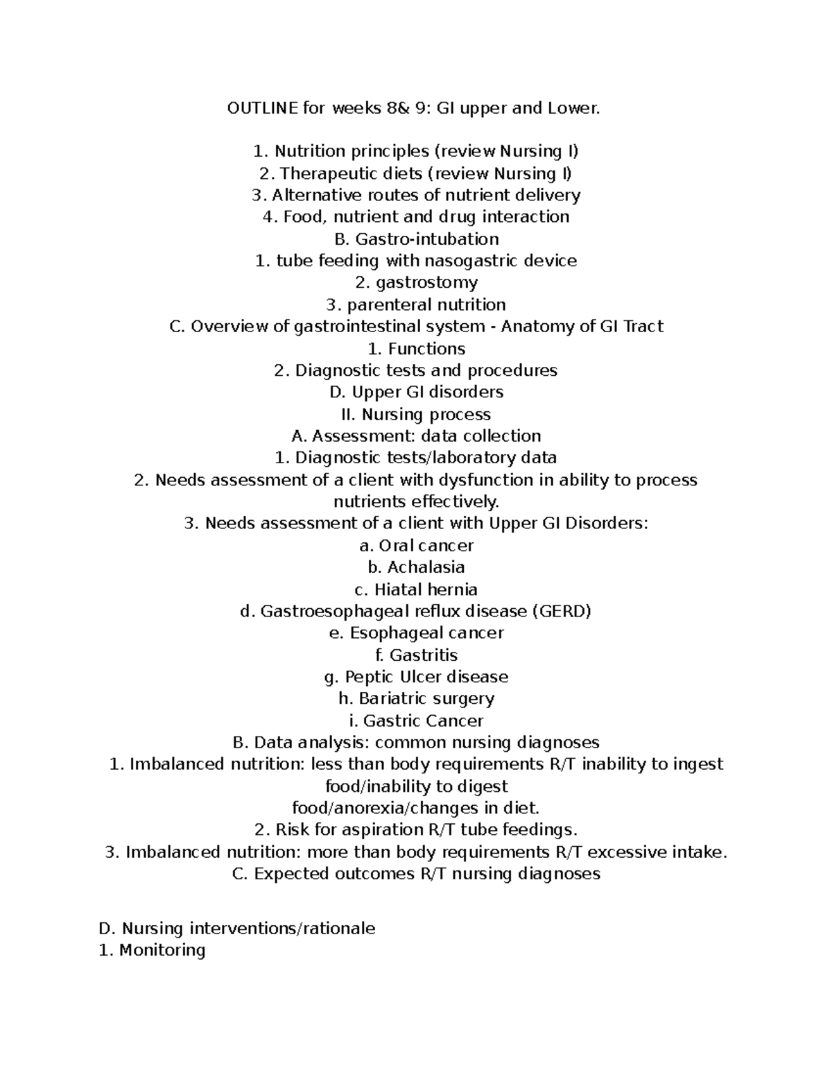 Outline of Nursing Care for GI Disorders (NURS 101) - Studocu