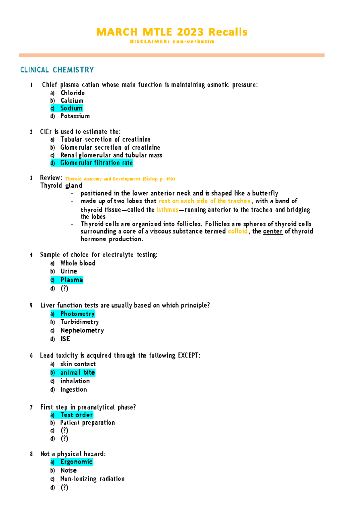 CLINICAL CHEMISTRY 1: March 2023 Exam Review Notes - Studocu