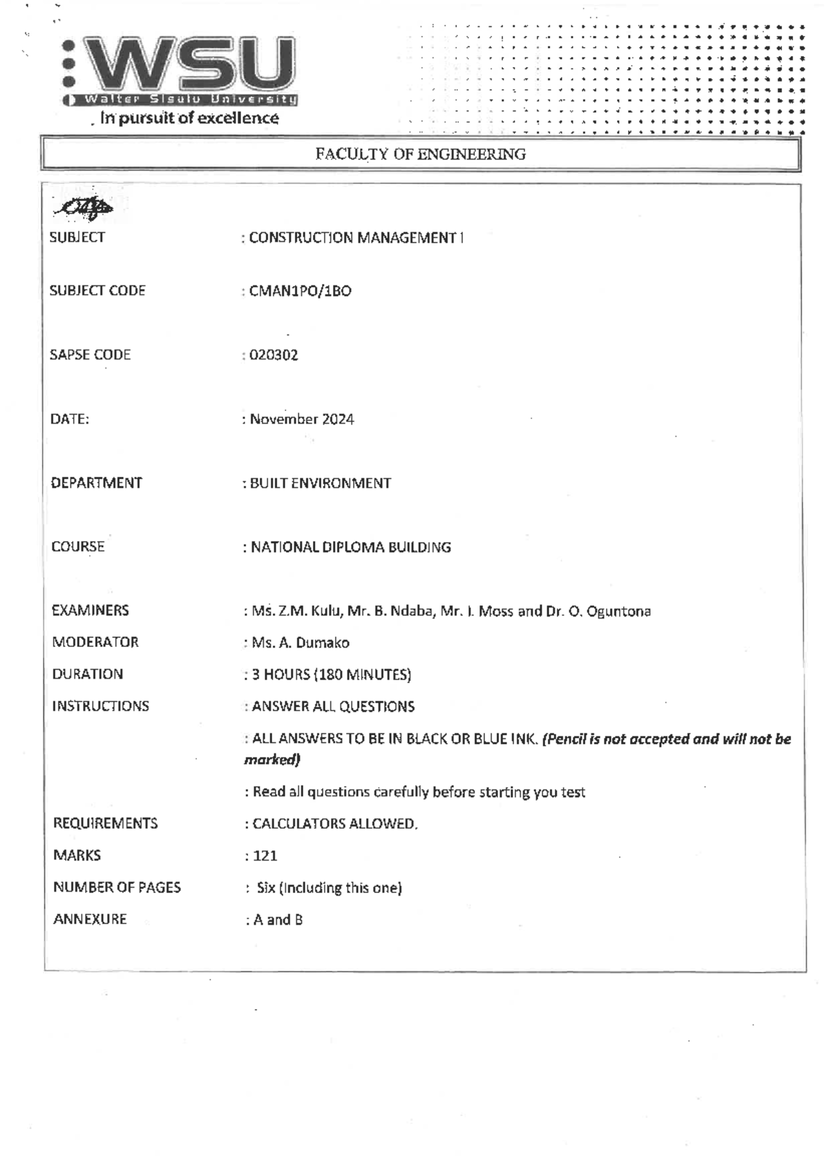 Construction Management I: November 2024 Exam Guide - Studocu