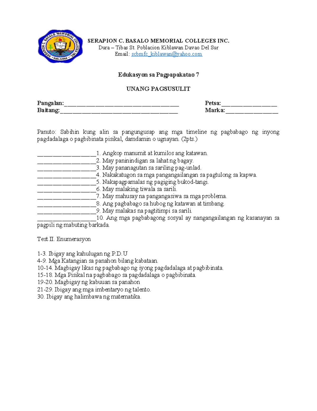 ESP 7 Unang Pagsusulit - Lesson Plan sa Pagdadalaga at Pagbibinata ...
