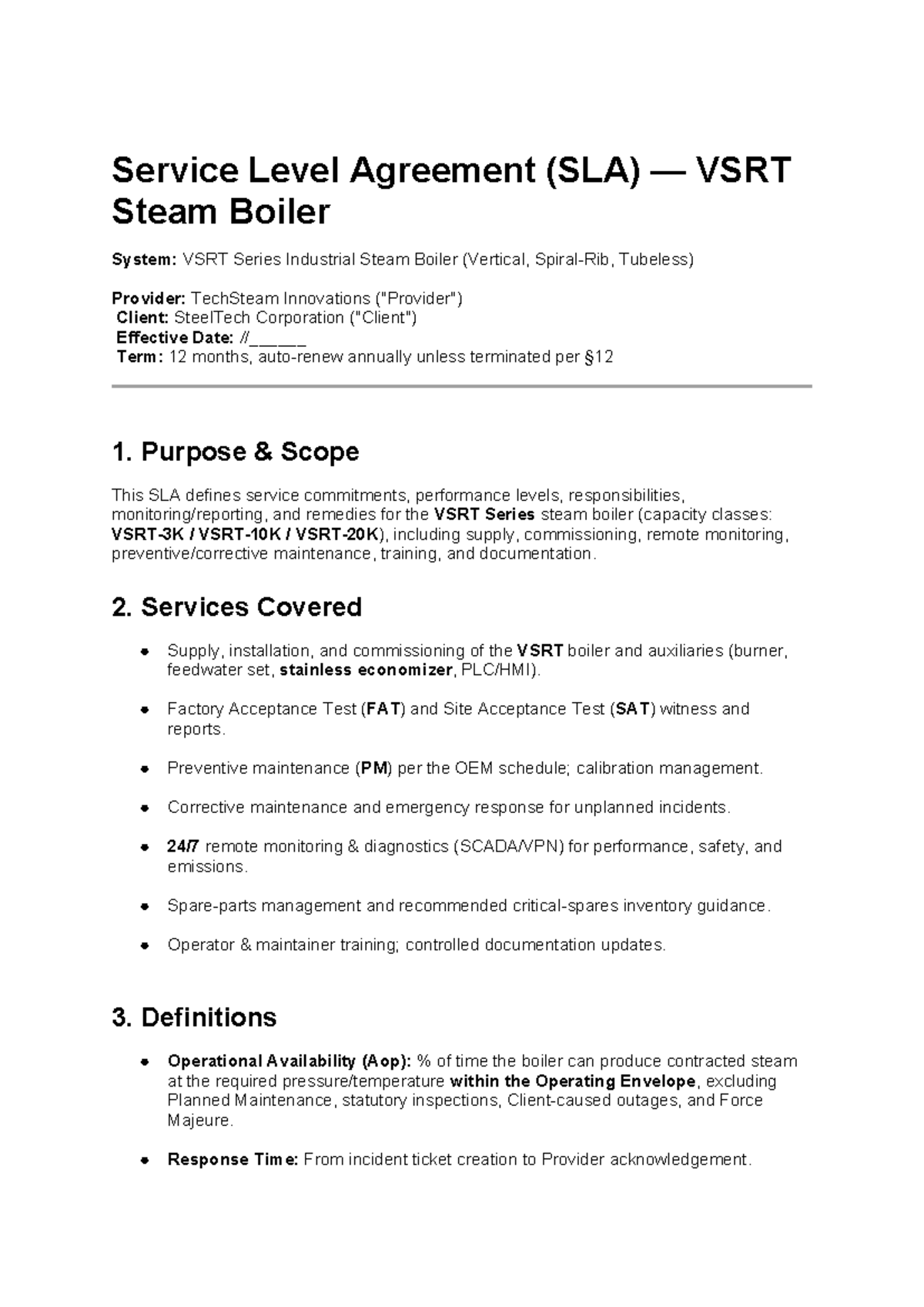 SLA for VSRT Steam Boiler System: Performance Metrics ...