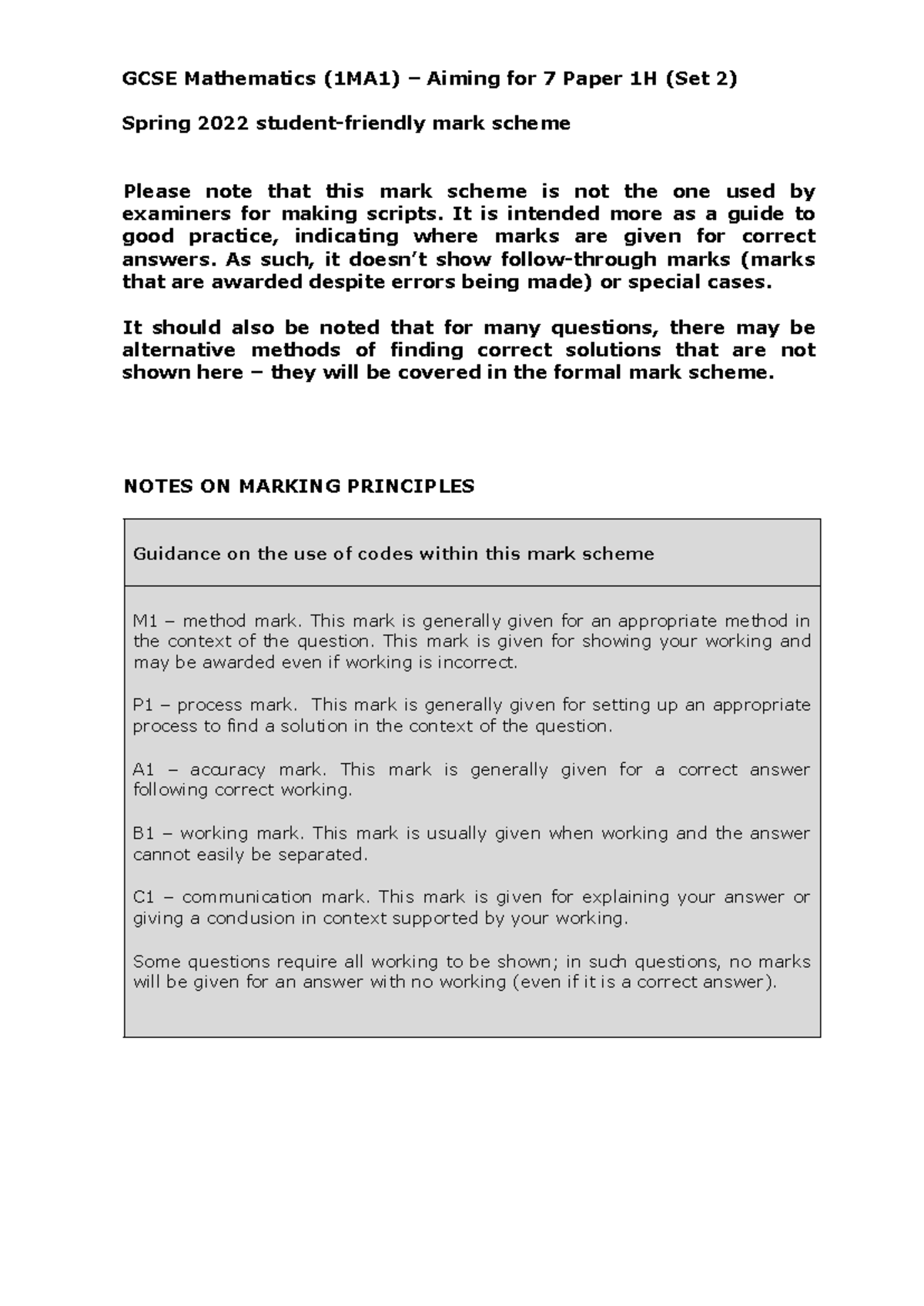 GCSE (1MA1) - Aiming for 7 Paper 1H Mark Scheme Spring 2022 - Studocu