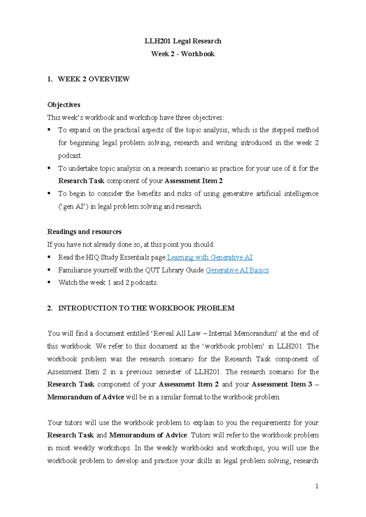 Week 2 - Workbook - Tutorial - LLH201 Legal Research Week 2 - Workbook ...
