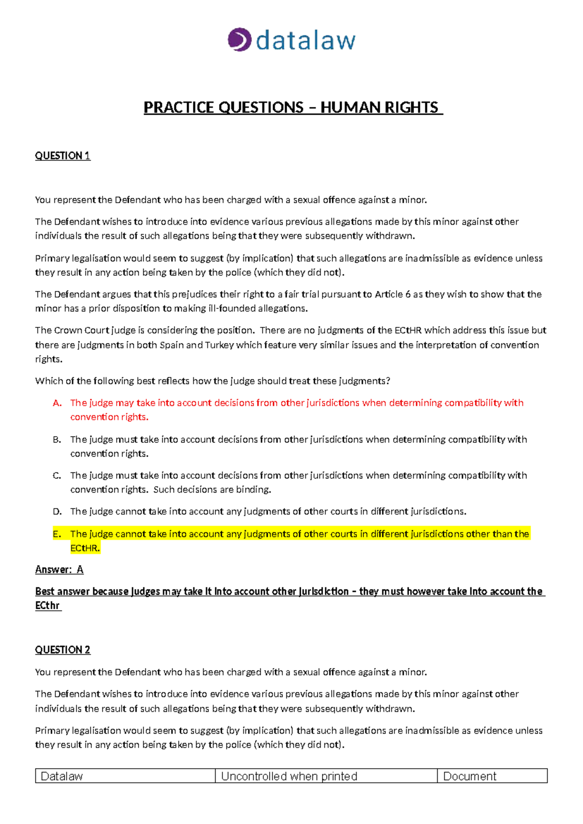 Practice Questions - Human Rights (HR 101) - Studocu