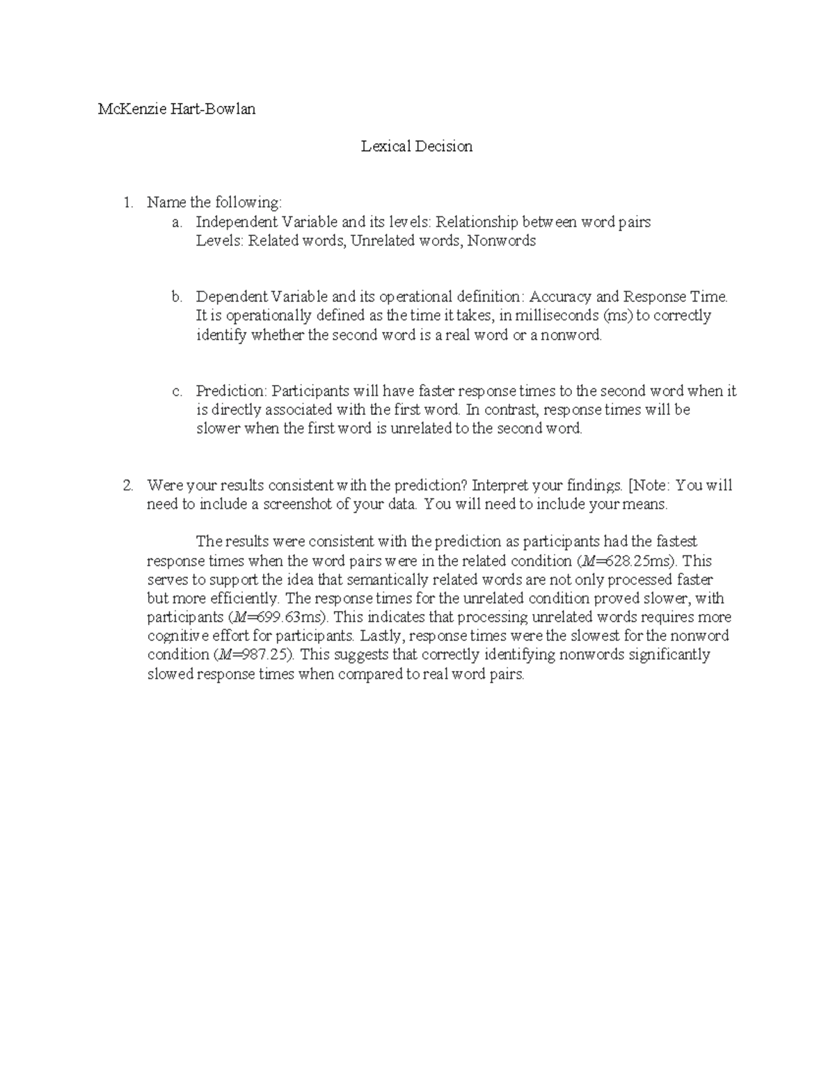 Report- Lexical Decision Task - McKenzie Hart-Bowlan Lexical Decision ...