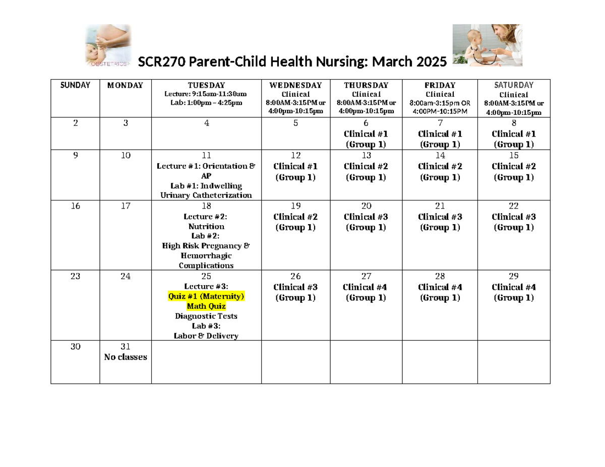 Calendar Spring 2025 - course info - SCR270 Parent-Child Health Nursing ...