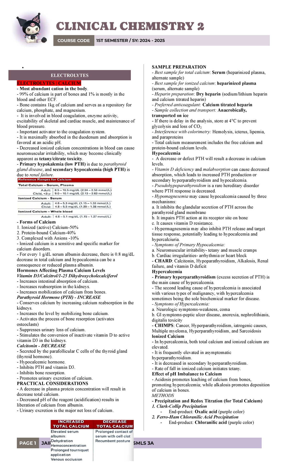 CLINICAL CHEMISTRY 2: ELECTROLYTES & CALCIUM NOTES (1ST SEM SY: 2024 ...