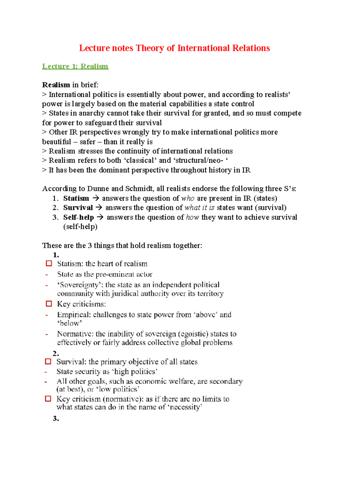 Lecture Notes on Theory of International Relations (TIR) - Studeersnel