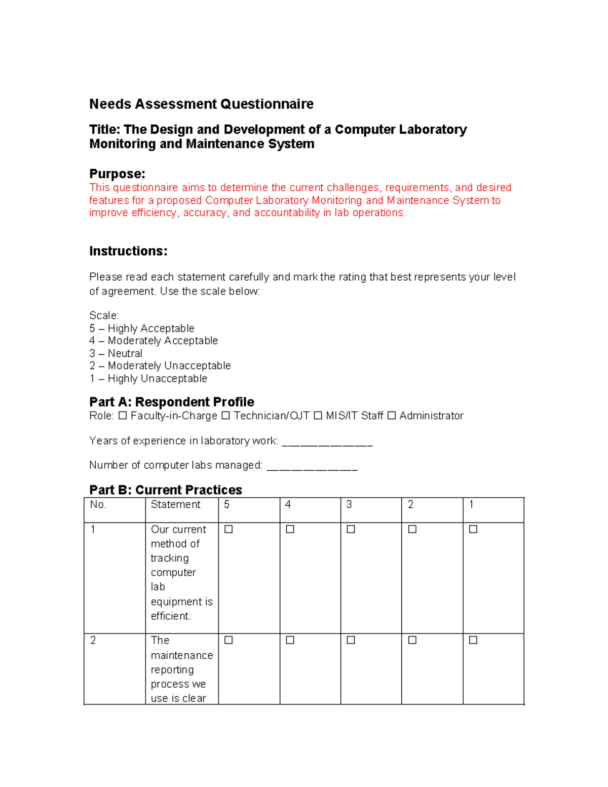 Needs Assessment Questionnaire for Computer Lab Monitoring System - Studocu