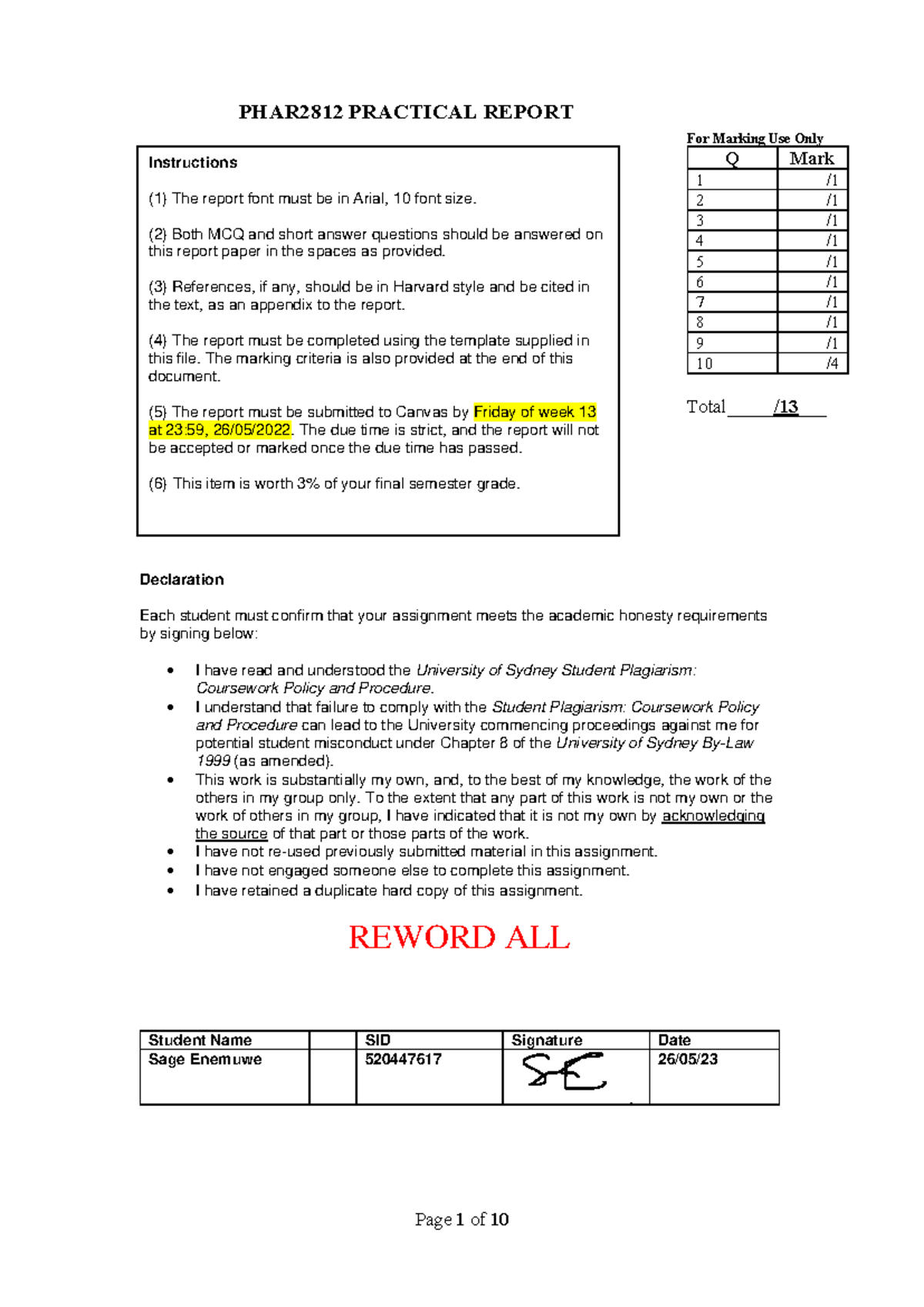 PHAR2812 Practical Report Template for Lab Exercises - Studocu
