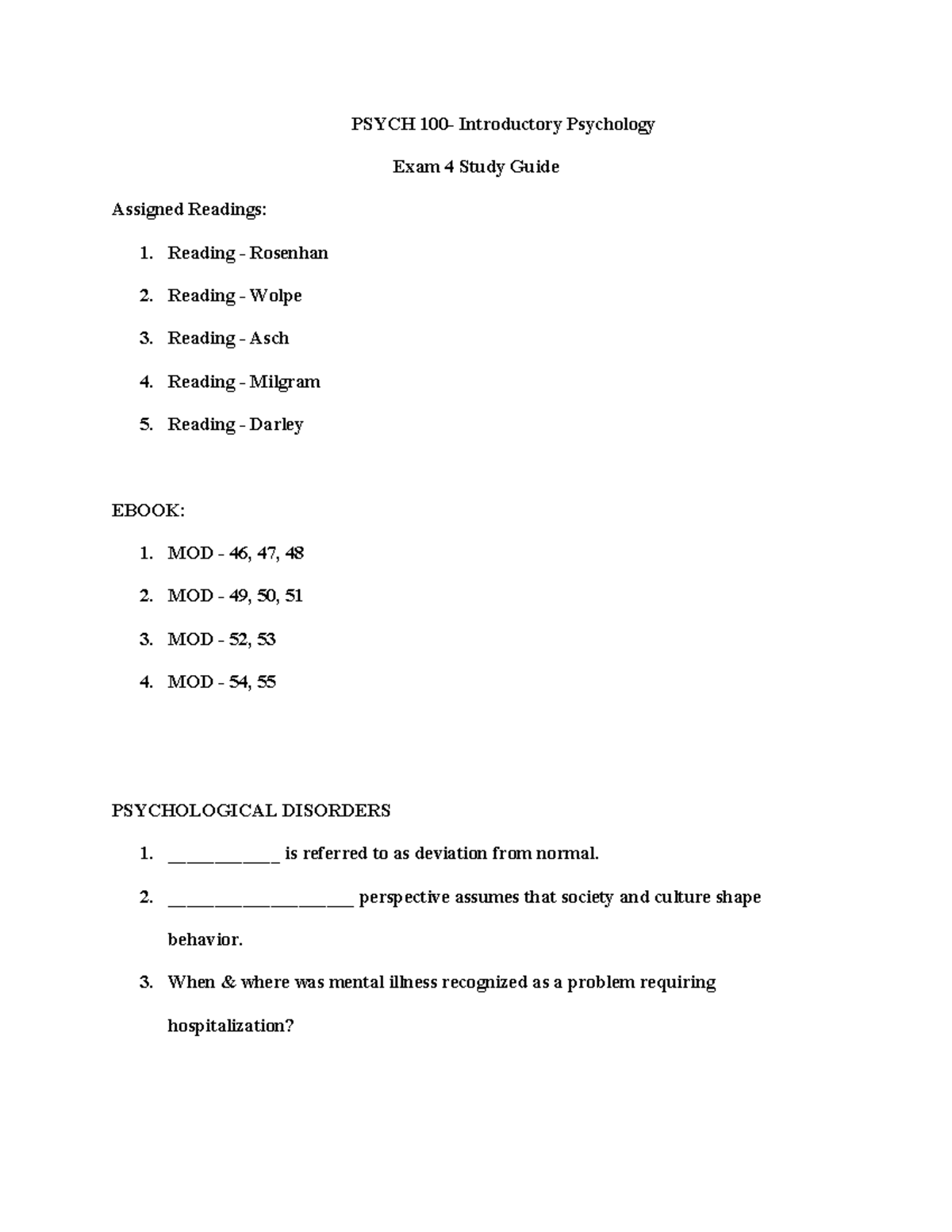 PSYCH 100: Exam 4 Study Guide on Psychological Disorders & Treatments ...