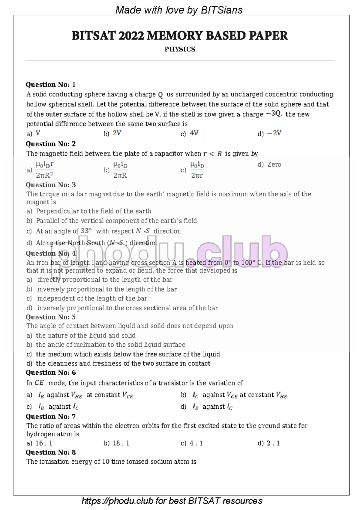 BITSAT Paper 2 - Physics and Mathematics Questions for BITSians - Studocu