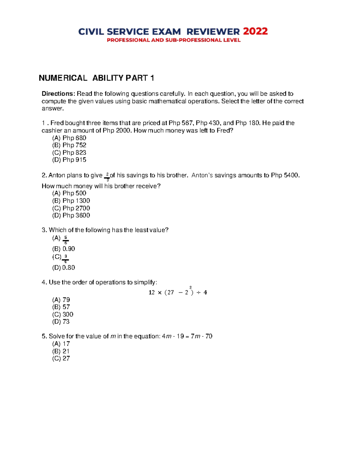 Numerical Ability Part 1: Basic Math Operations & Problem Solving - Studocu