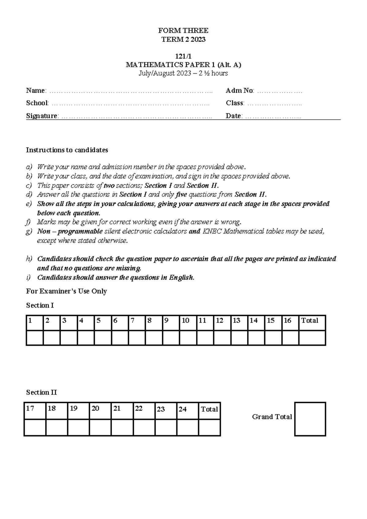 2023 Mathematics F3 P1 Term 2 Exam Questions and Solutions - Studocu