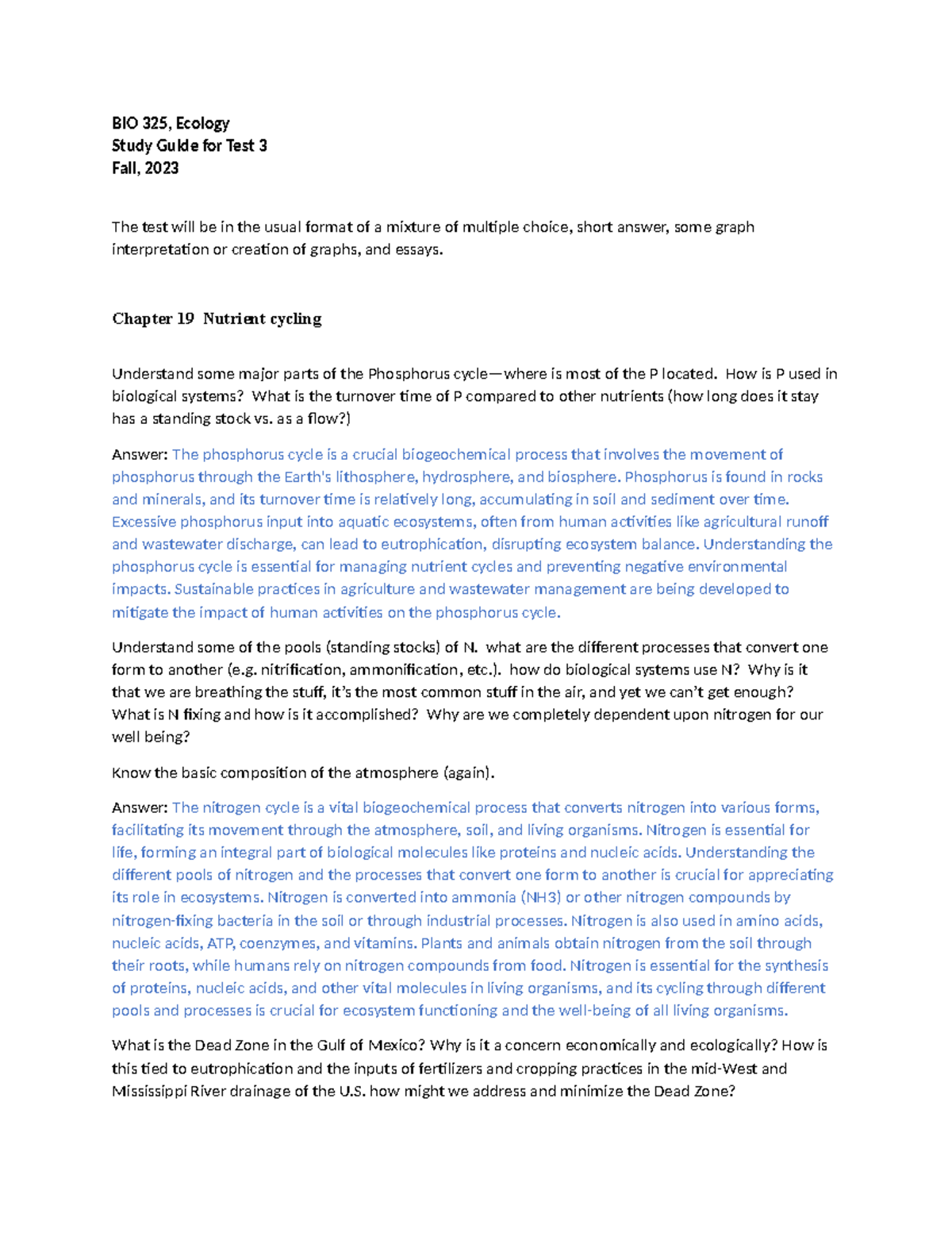 BIO 325 Study Guide for Test 3: Ecology Concepts, Fall 2023 - Studocu