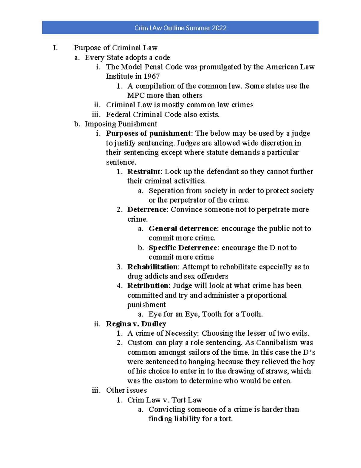 Criminal Law Outline (CRIM 101) - Summer 2022 Study Notes - Studocu