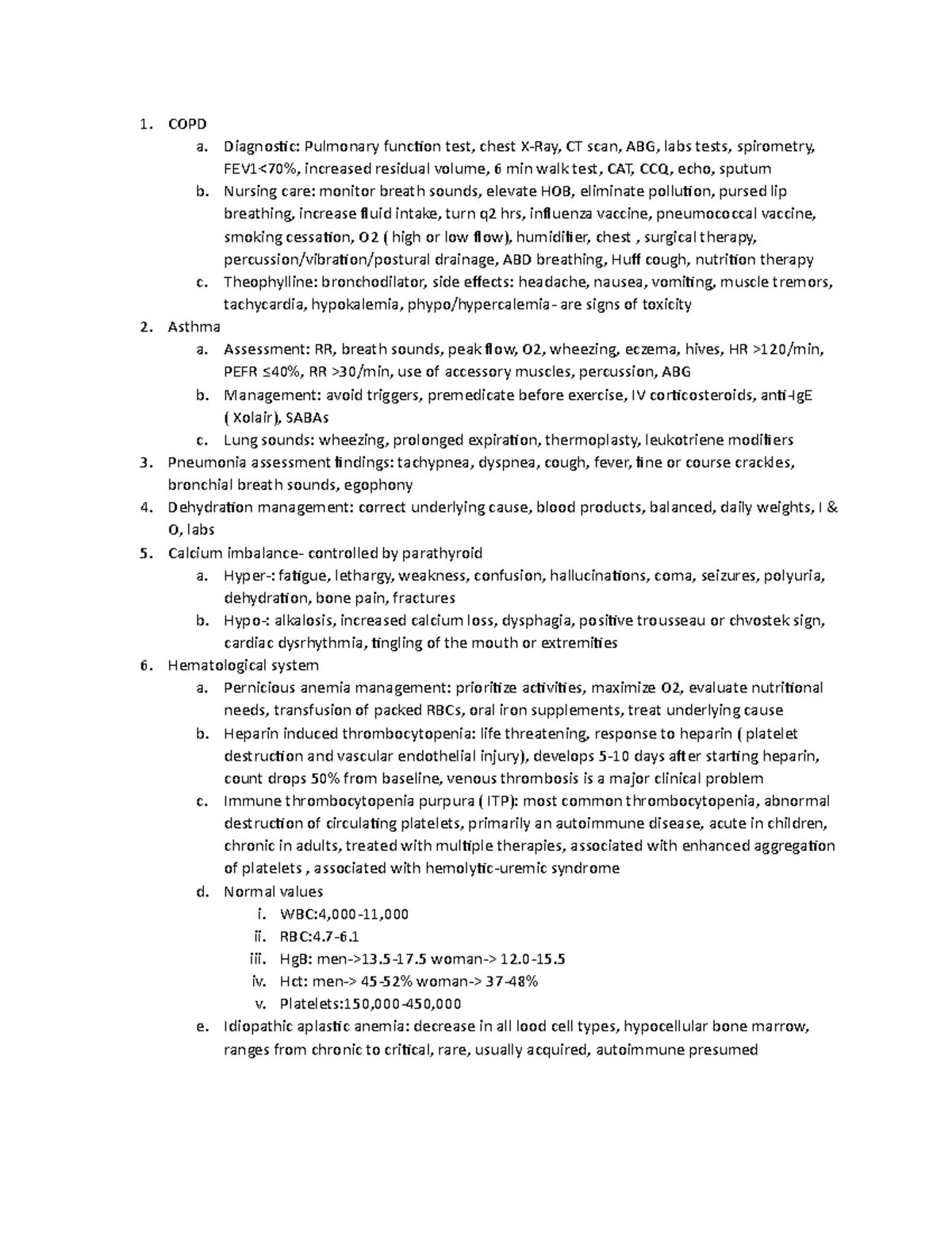 Final exam study guide - 1. COPD a. Diagnostic: Pulmonary function test ...