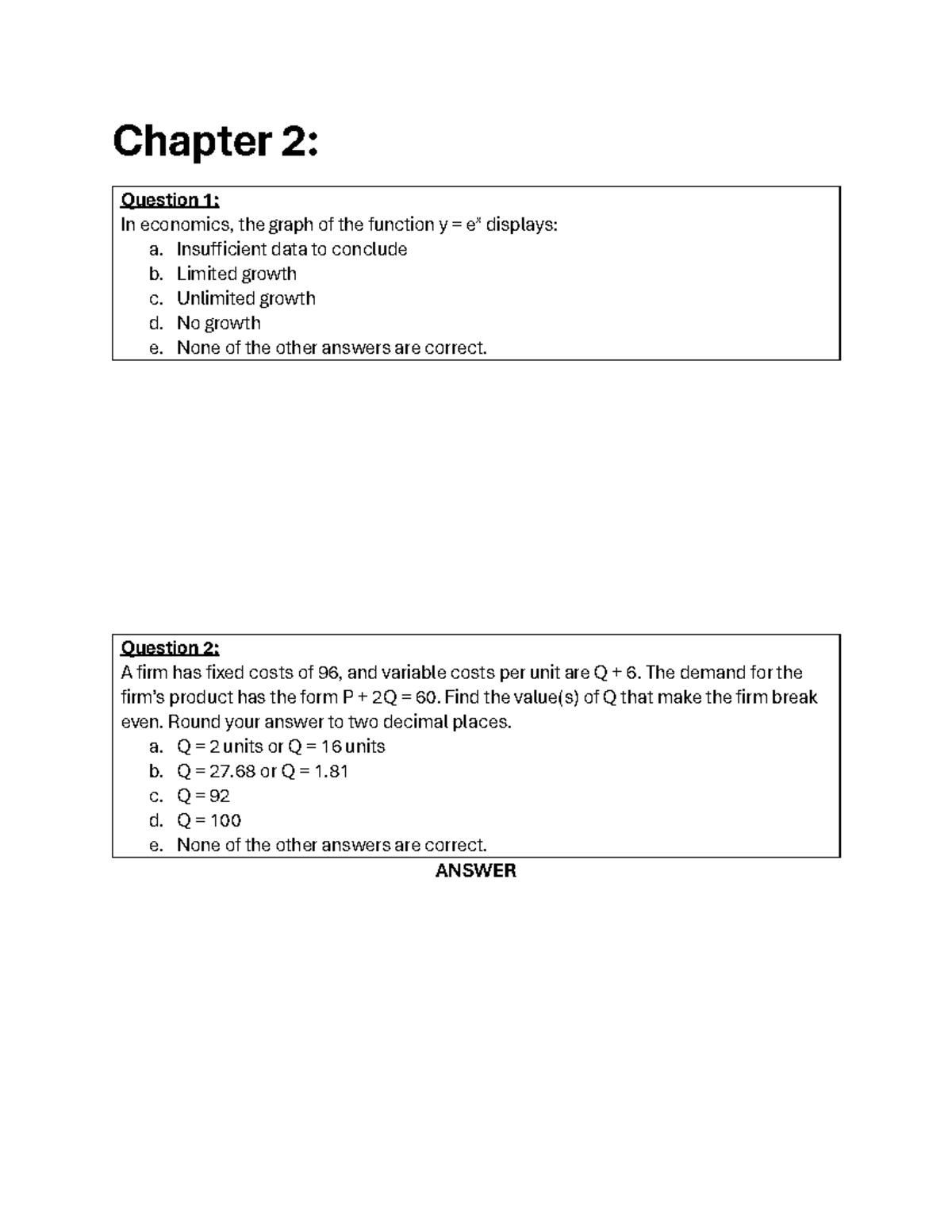 Chapter 2 - Quiz on Economic Functions and Profit Analysis - Studocu