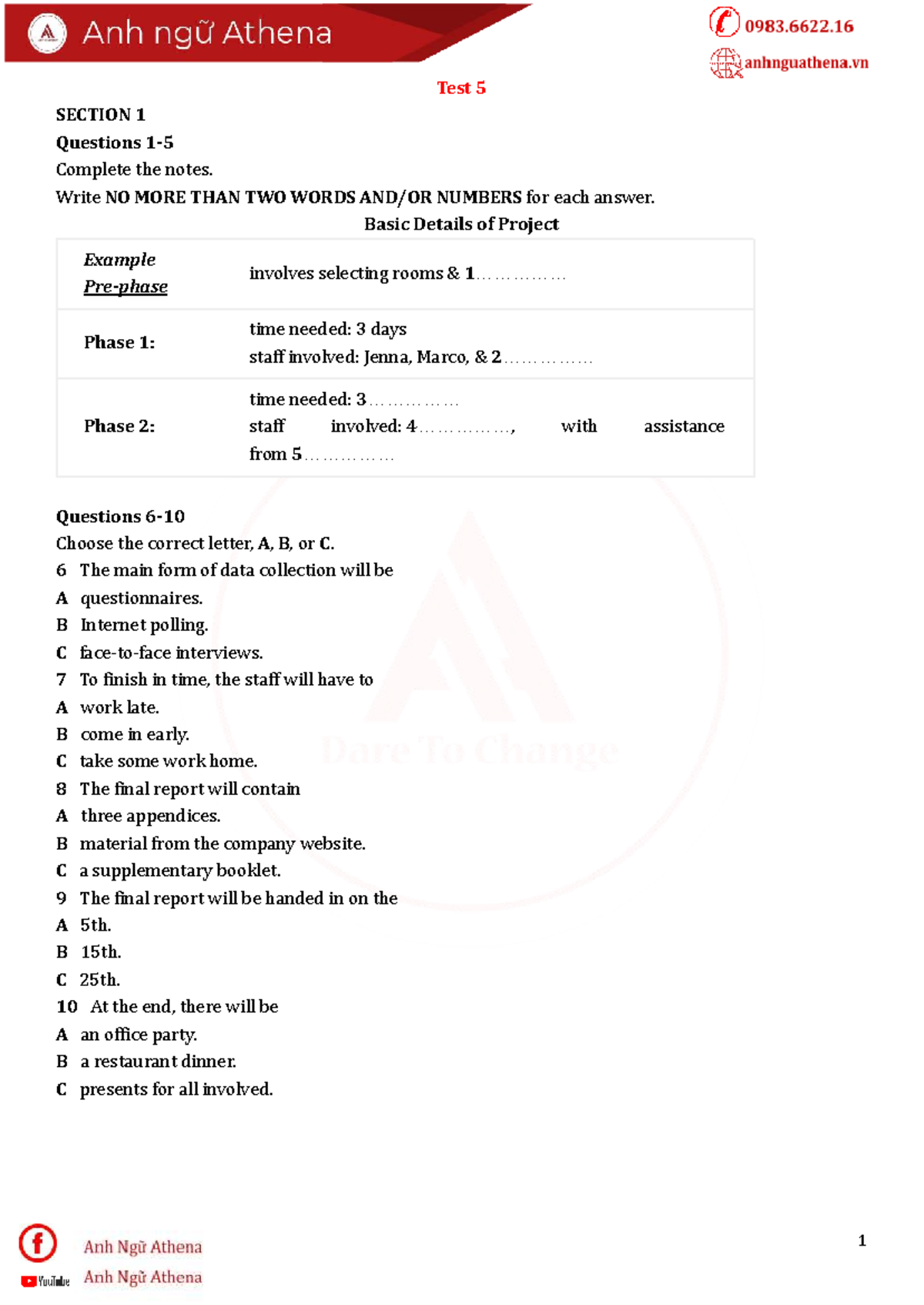 Listening Test 5 - Section 1 & 2 Questions and Answers - Studocu