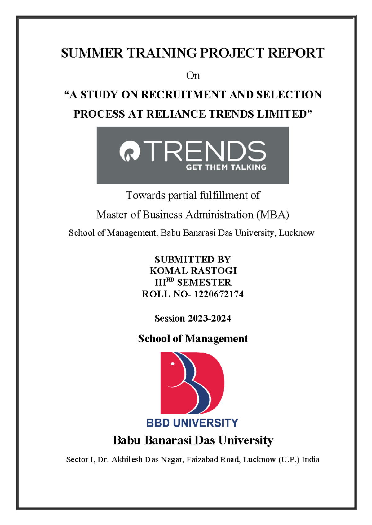 MBA Project Report: Recruitment & Selection Process at Reliance Trends ...