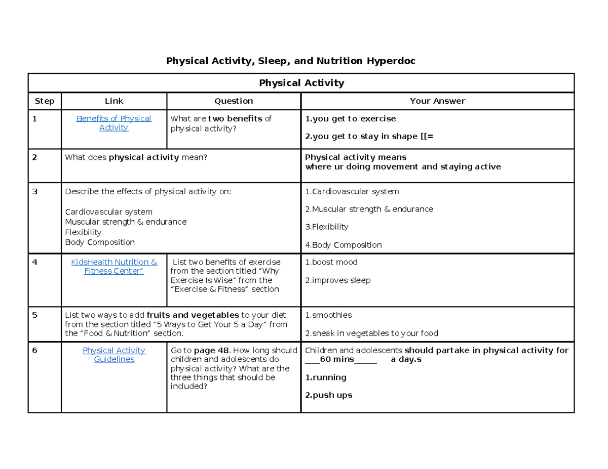 Physical Activity Sleep and Nutrition Assignment - Physical Activity ...