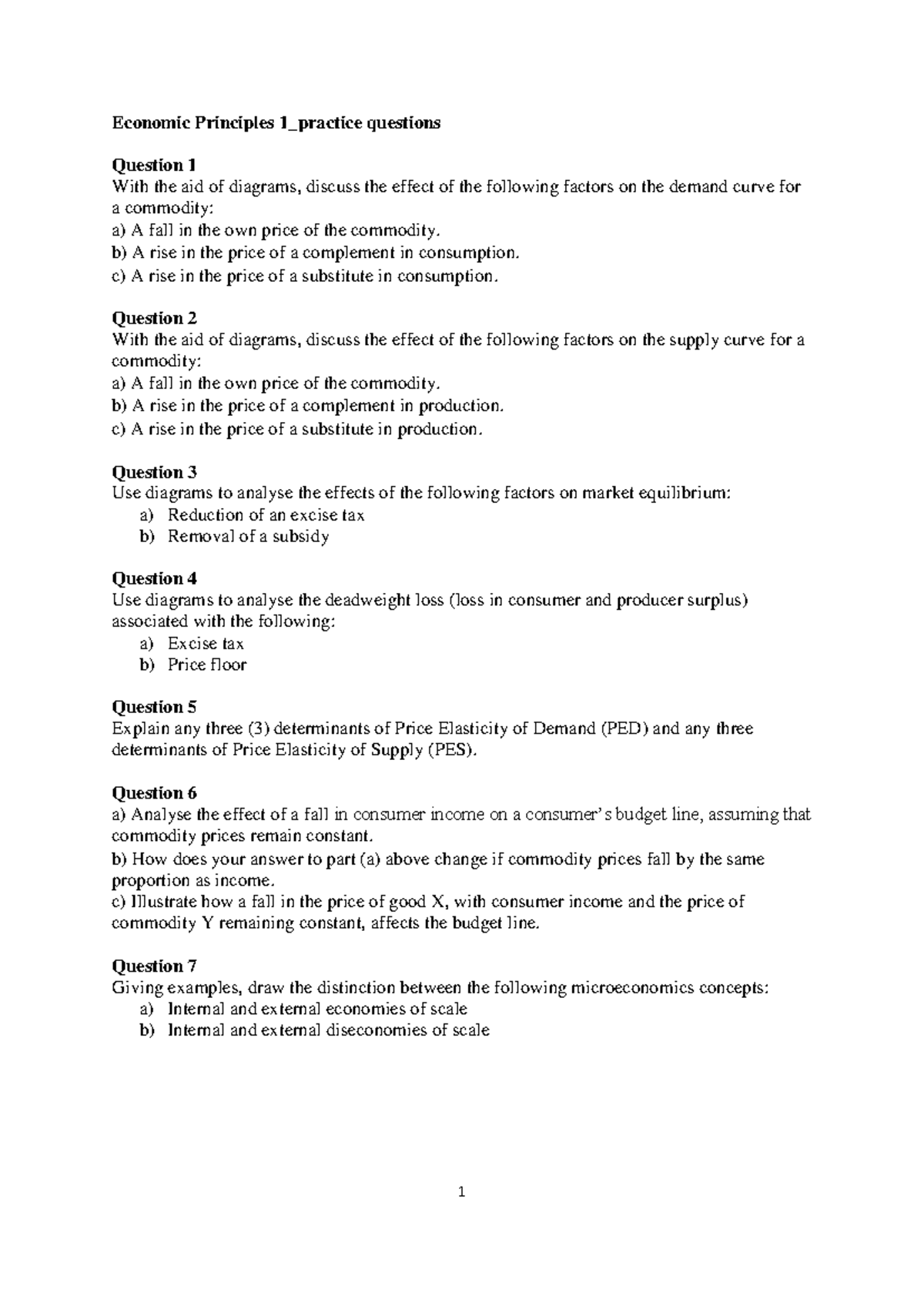 EC131 Economic Principles 1 - Practice Questions and Diagrams - Studocu
