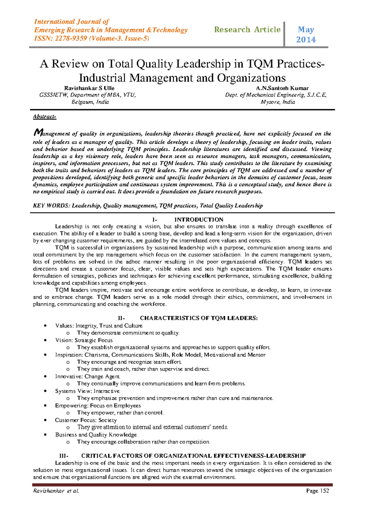 2014-05 MBA Case Study: A Review on Total Quality Leadership - Studocu