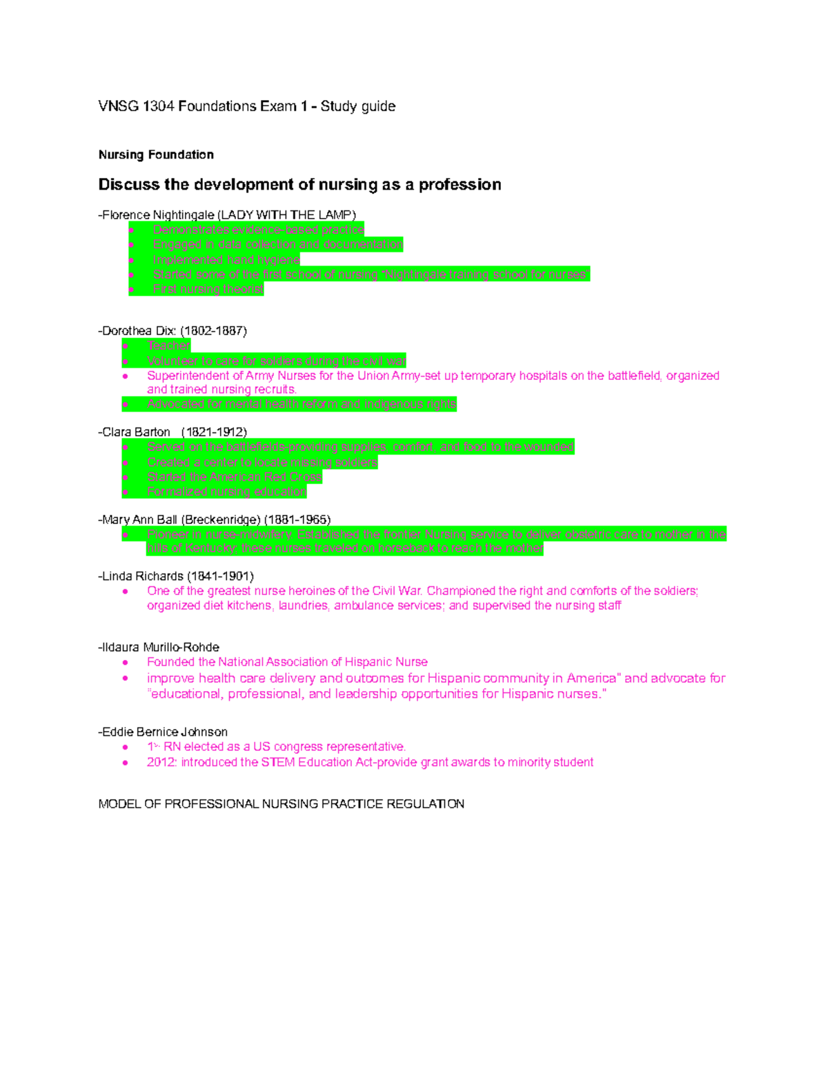 VNSG 1304 Exam 1 Foundations Study Guide for Nursing Students - Studocu