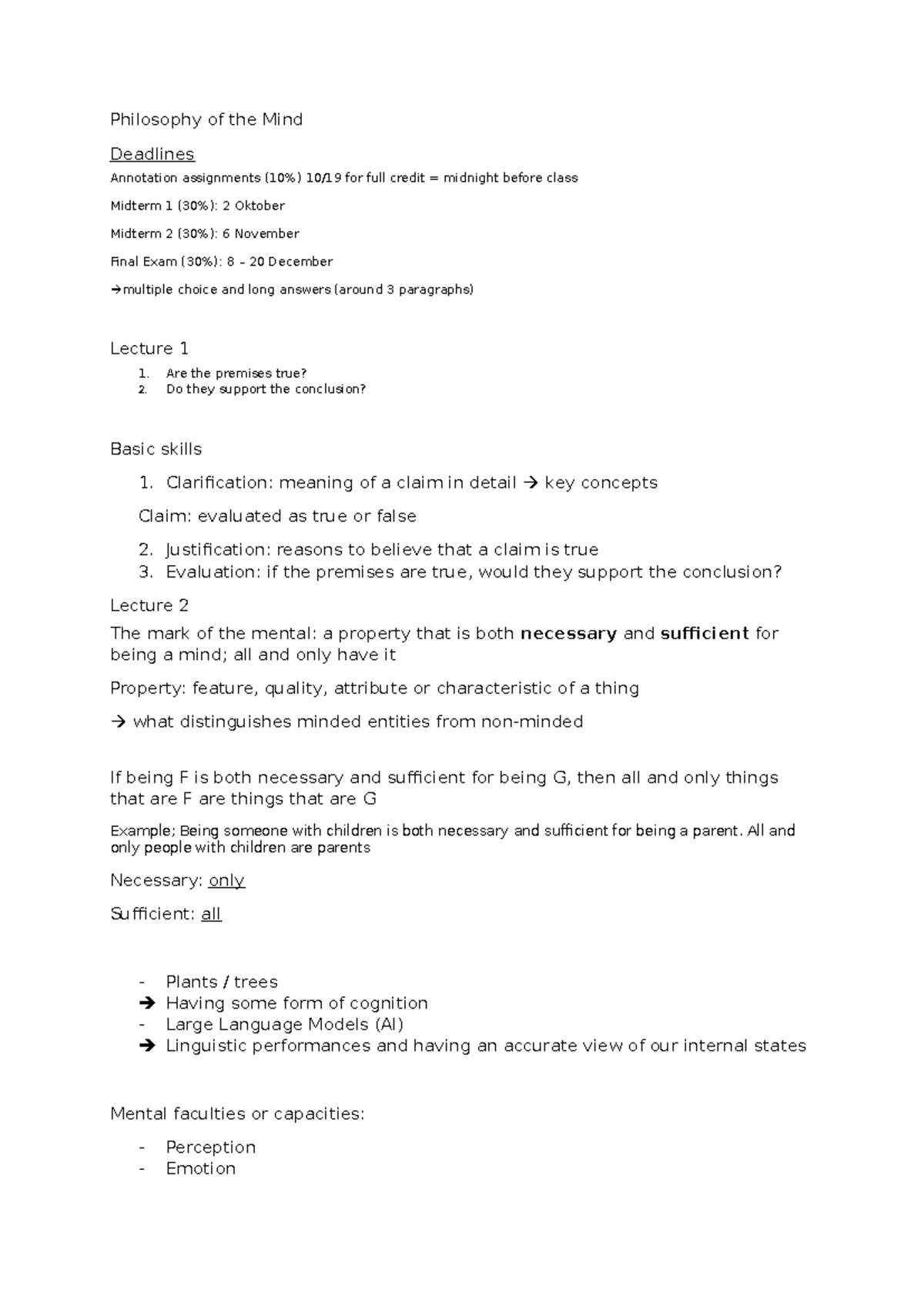 Philosophy of the Mind: Midterm 1 Lecture Notes (PHIL 101) - Studocu