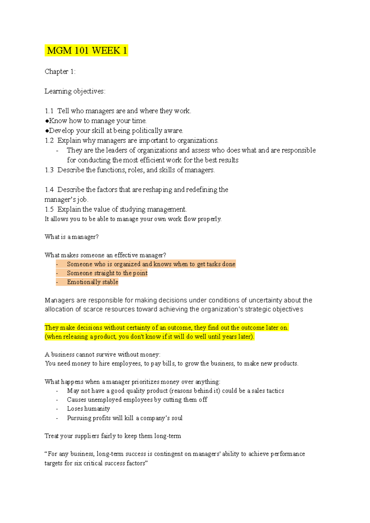 MGM 101 Week 1 Notes: Understanding Management Fundamentals - Studocu