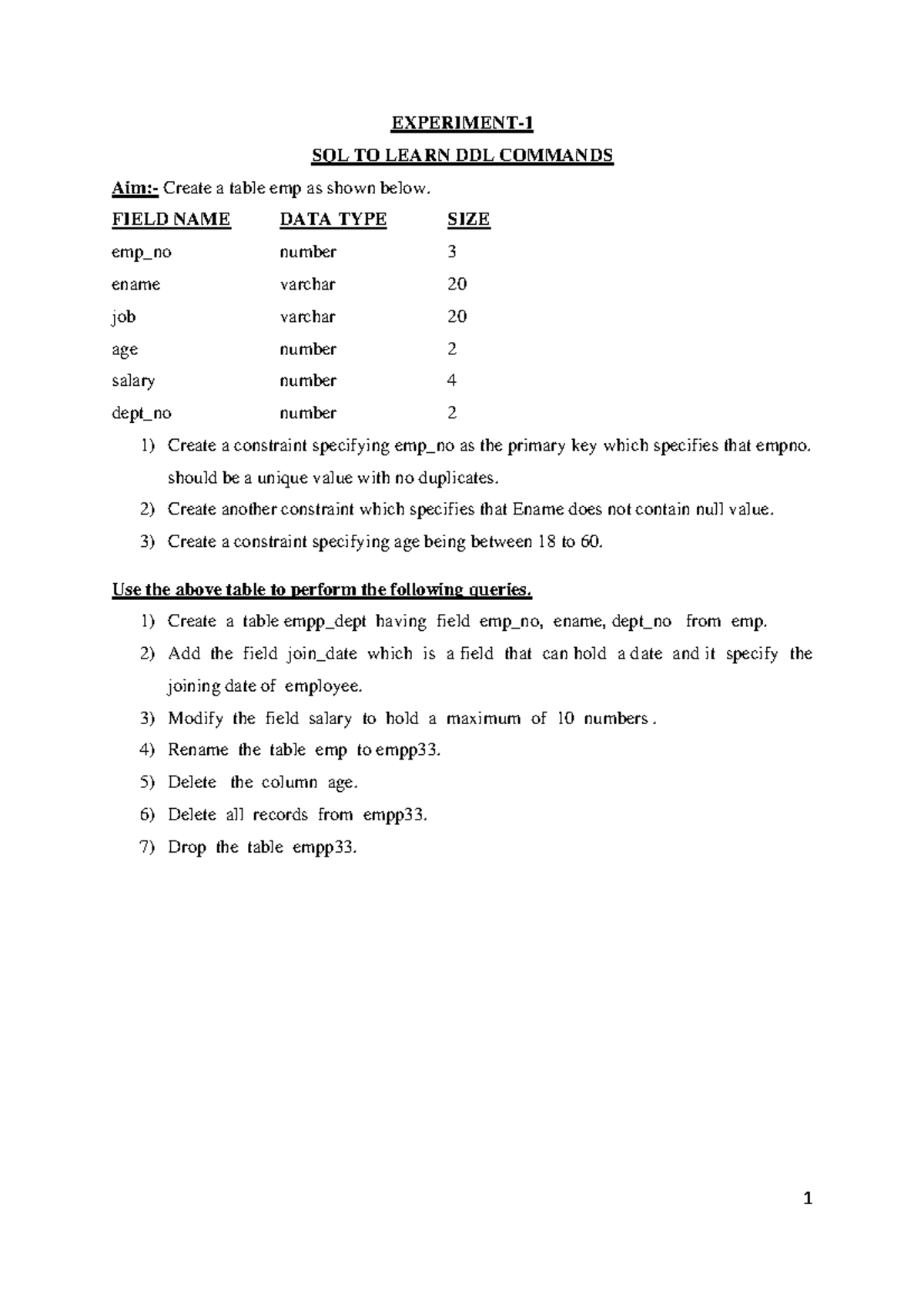 DBMS Lab Exercises: Experiments 1 to 4 SQL Commands and Solutions - Studocu