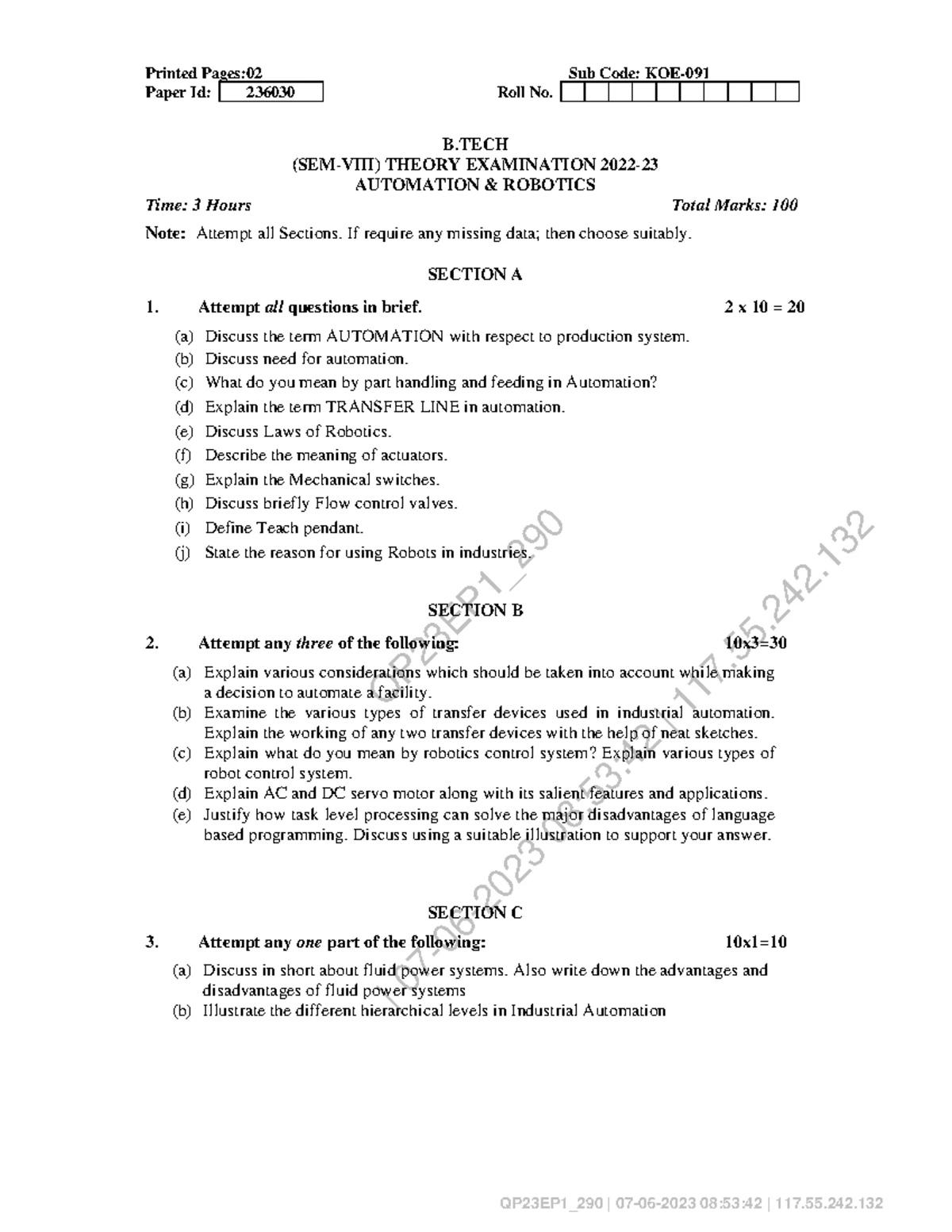 KOE091 Final Exam Notes on Automation and Robotics - Studocu