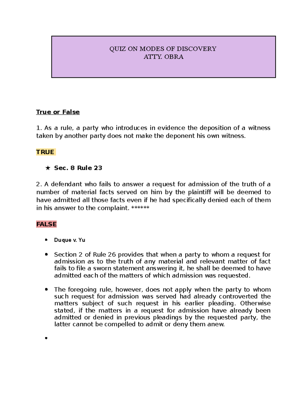 Quiz on Modes of Discovery - Legal Principles and Case Law - Document Preview