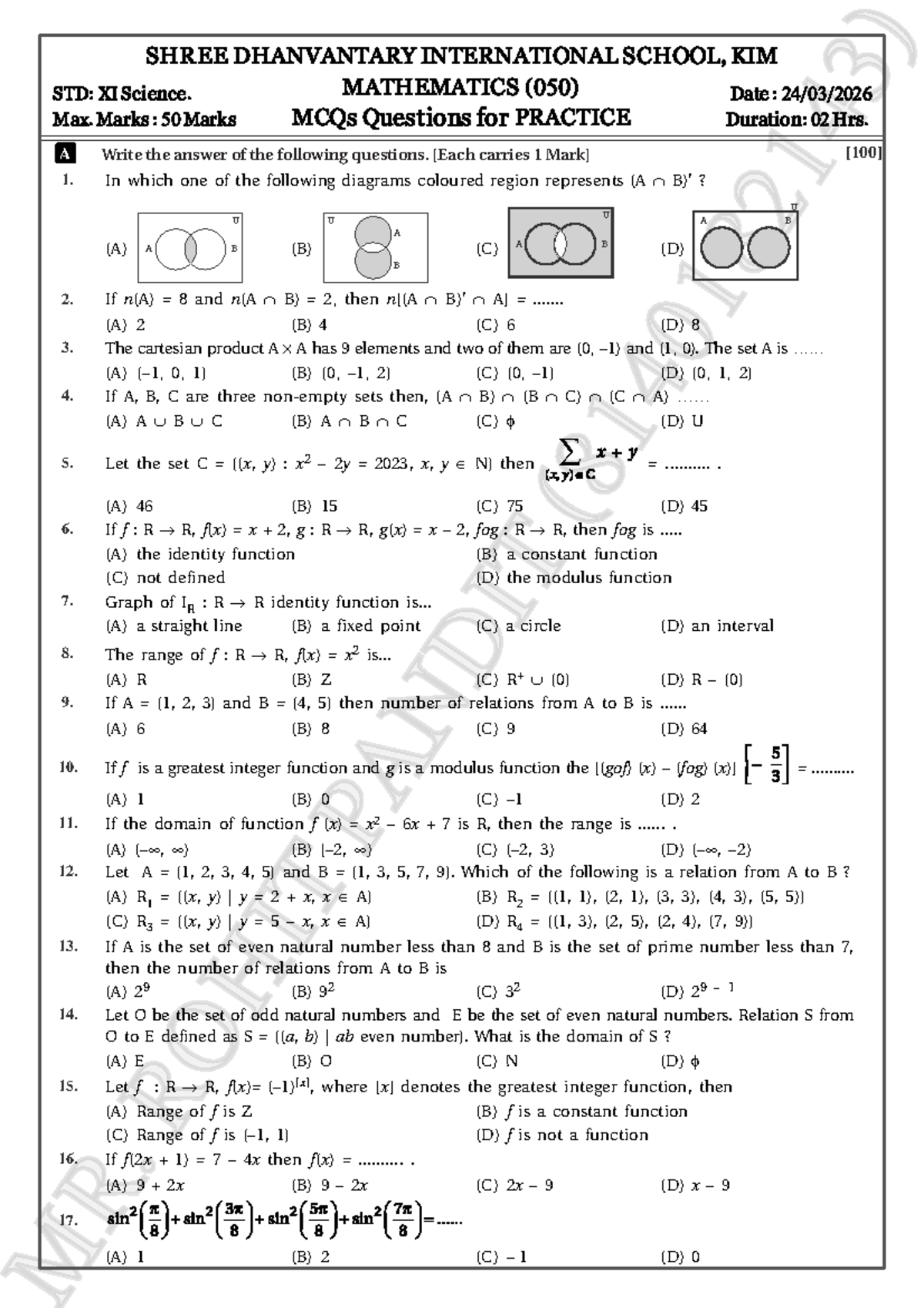 Mathematics (050) STD: XI Science MCQs Practice Questions - Studocu