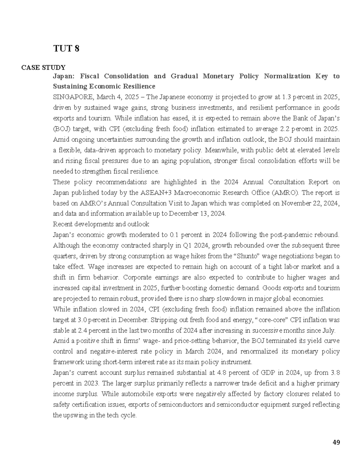 TUT 8 Case Study: Japan's Fiscal and Monetary Policy Outlook 2025 - Studocu