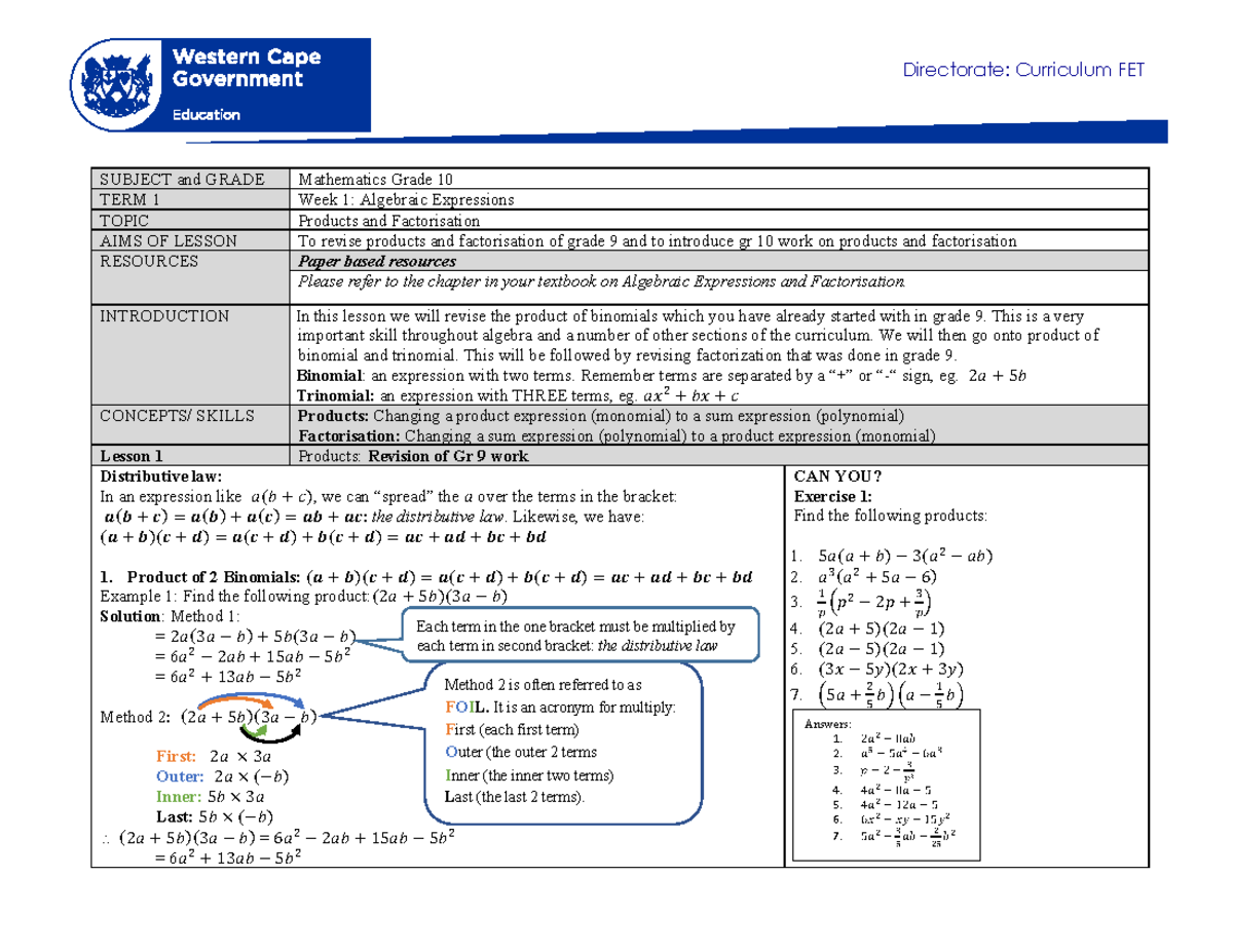 Mathematics Grade 10 Term 1 Week 1: Algebraic Expressions ...