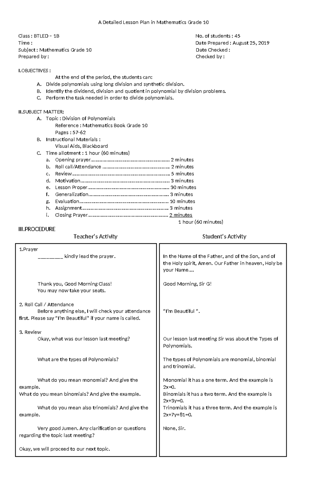 Mathematics Grade 10 Detailed Lesson Plan: Division of Polynomials ...