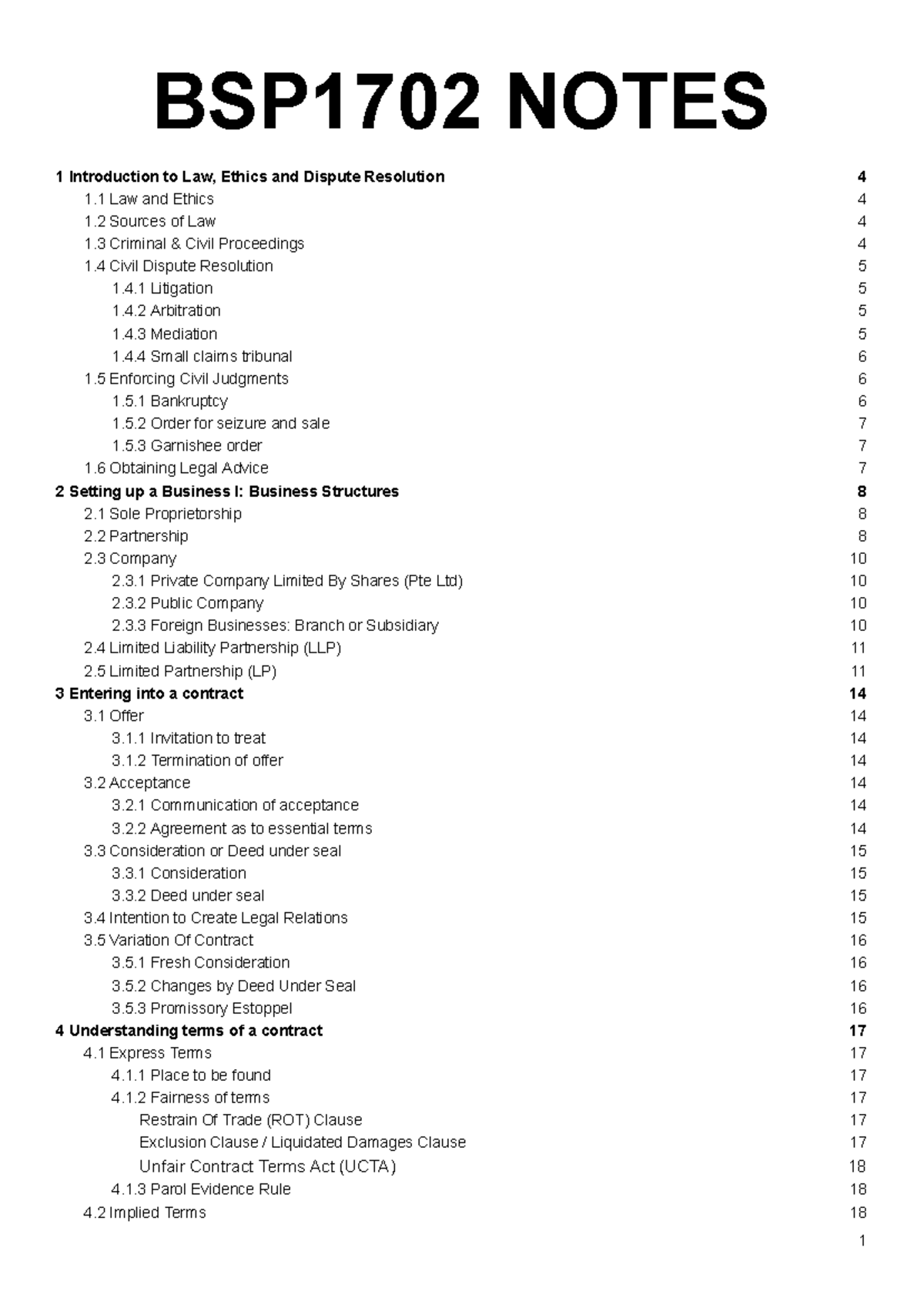 BSP1702 Finals Notes - Law, Ethics, and Dispute Resolution Overview ...