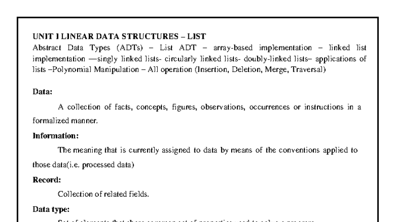 DS 101: Unit I Linear Data Structures and List ADT Notes - Studocu