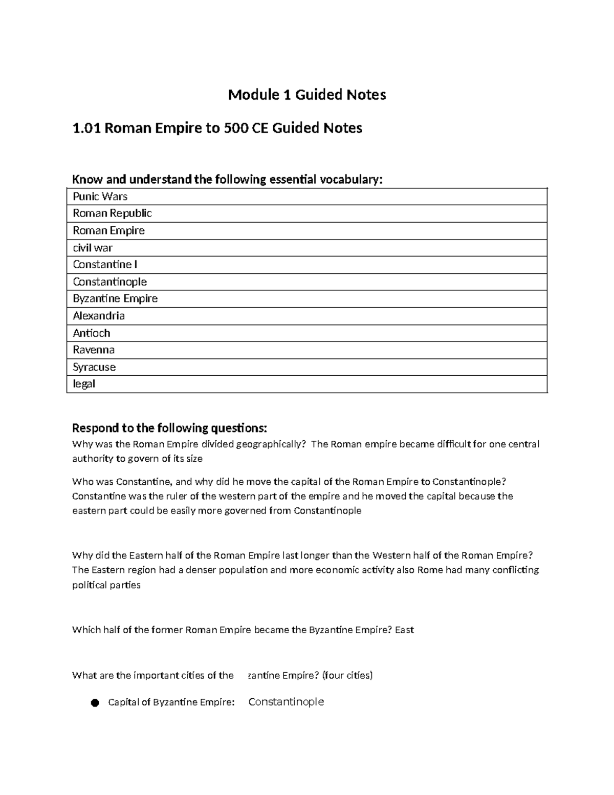 V25 WH Module 1 Guided Notes: Roman Empire to Byzantine Achievements ...