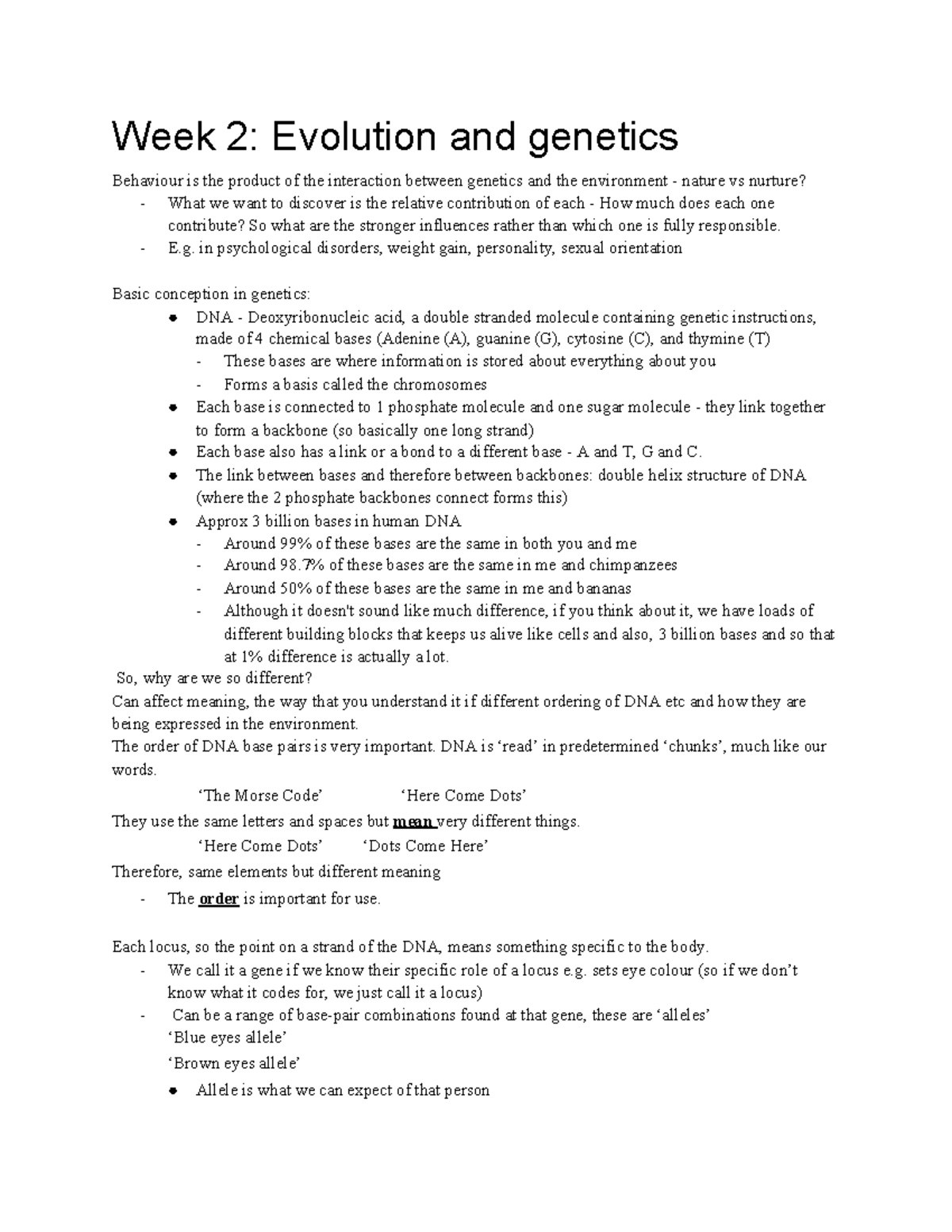 Evolution and genetics - Week 2: Evolution and genetics Behaviour is ...