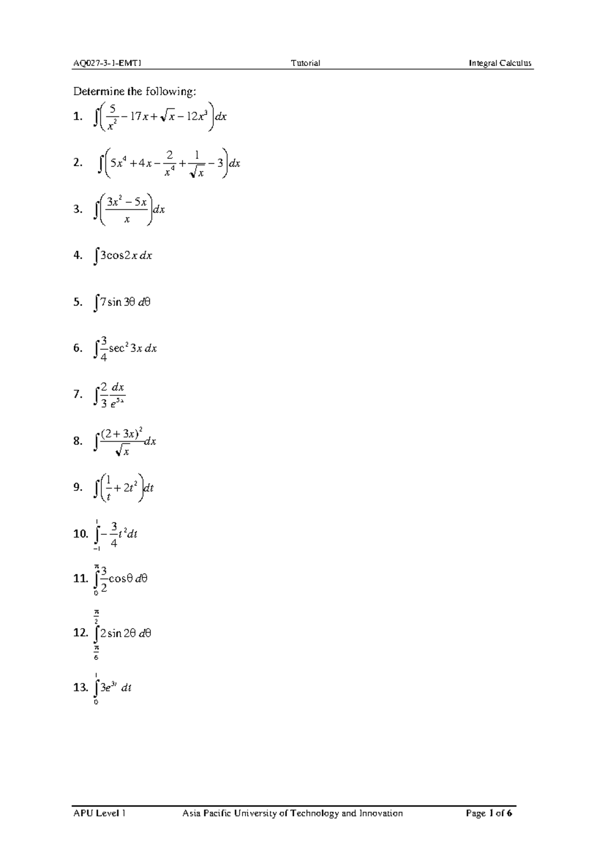 APU Level 1 Tutorial on Integral Calculus: Exercises and Solutions ...