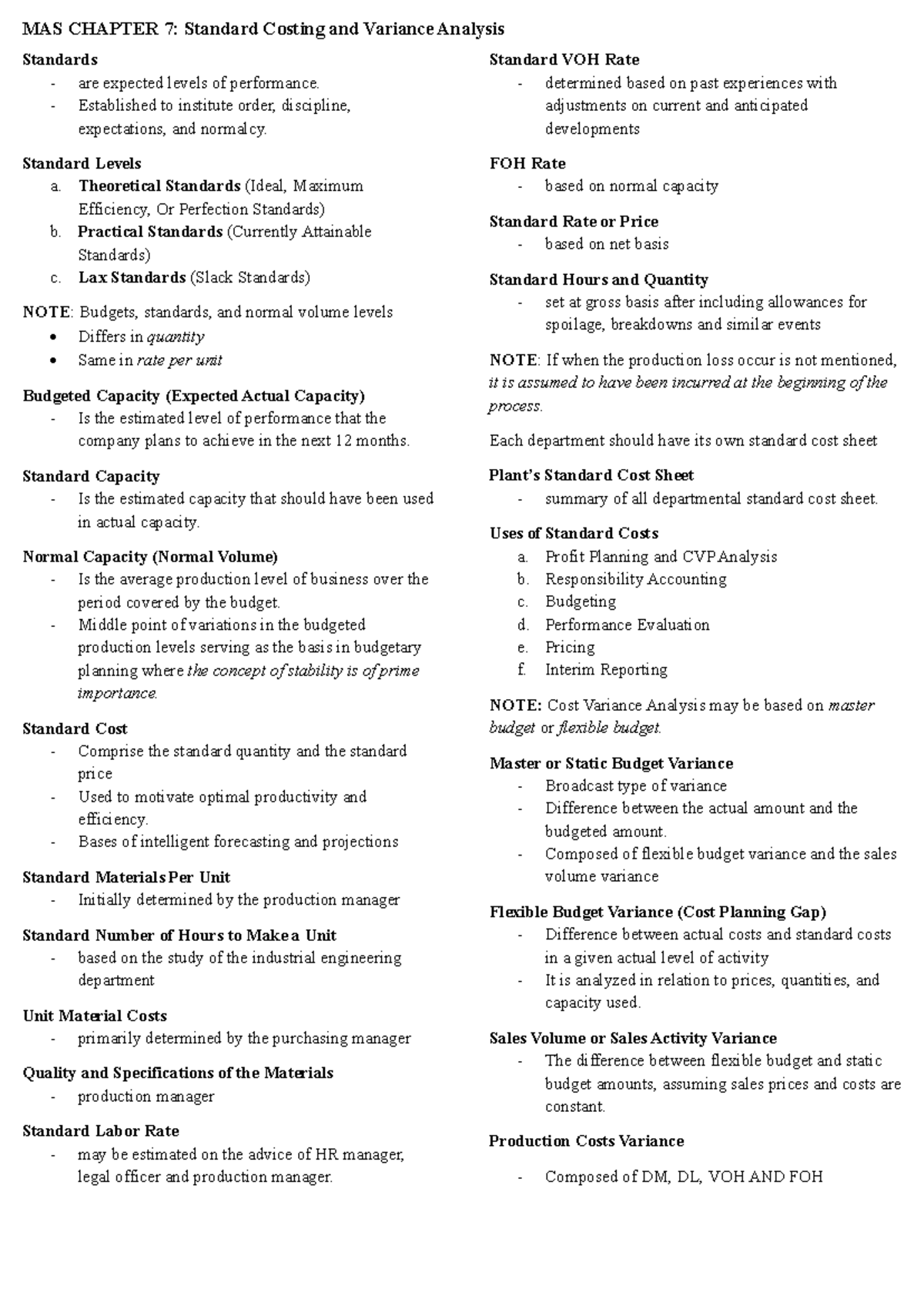 MAS CHAPTER 7: Standard Costing & Variance Analysis Overview - Studocu