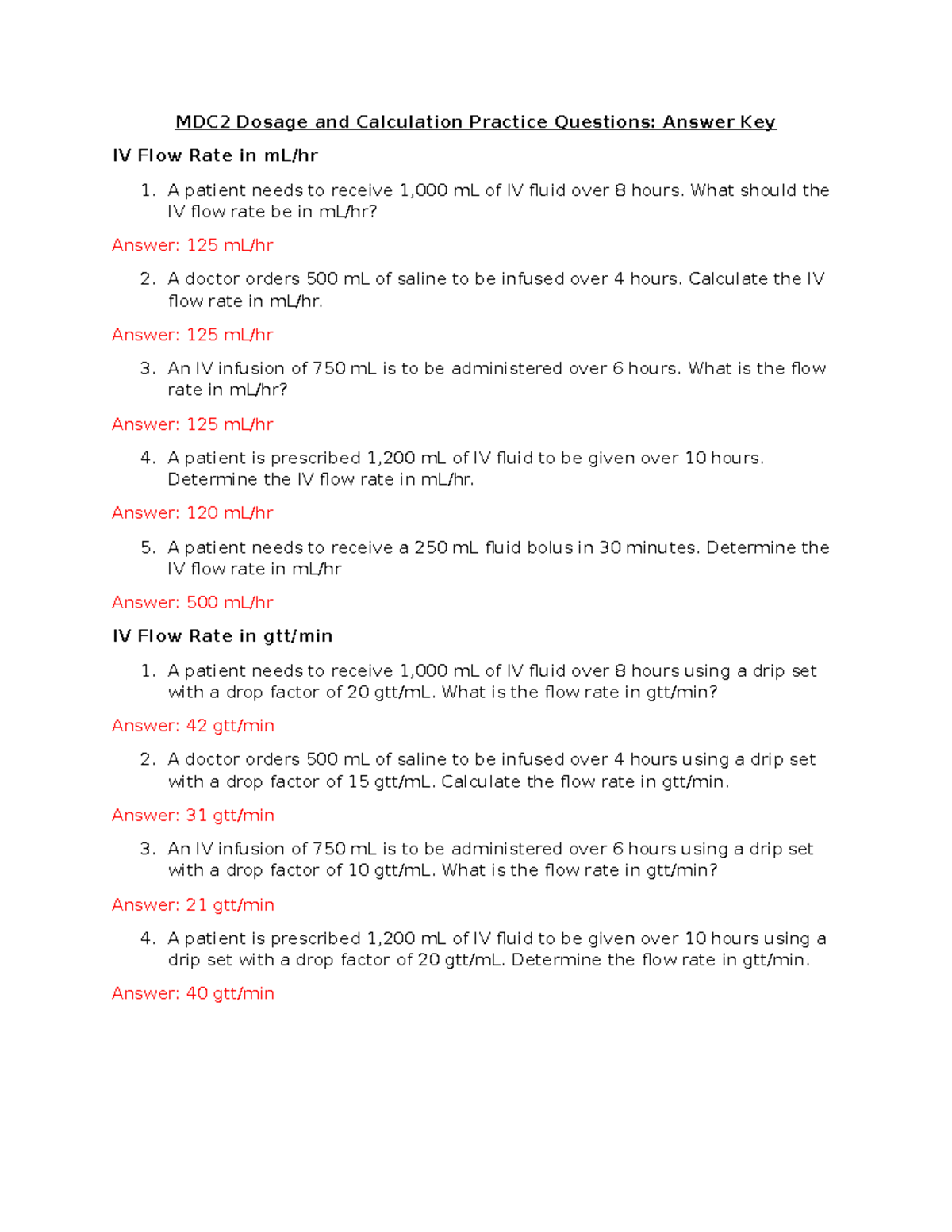 MDC2 Dosage & Calculation Practice Qs - Answer Key - Studocu