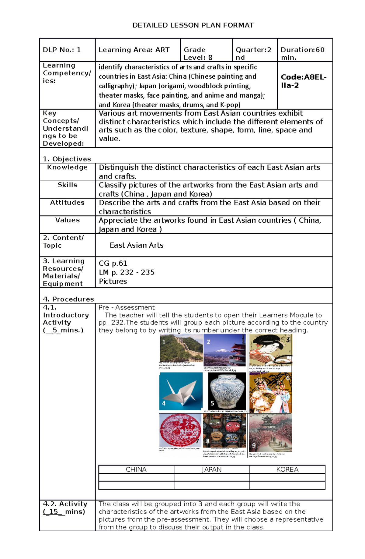 Arts and Crafts Characteristics in East Asia - ARTS 4 DLP MAPEH 8 - Studocu