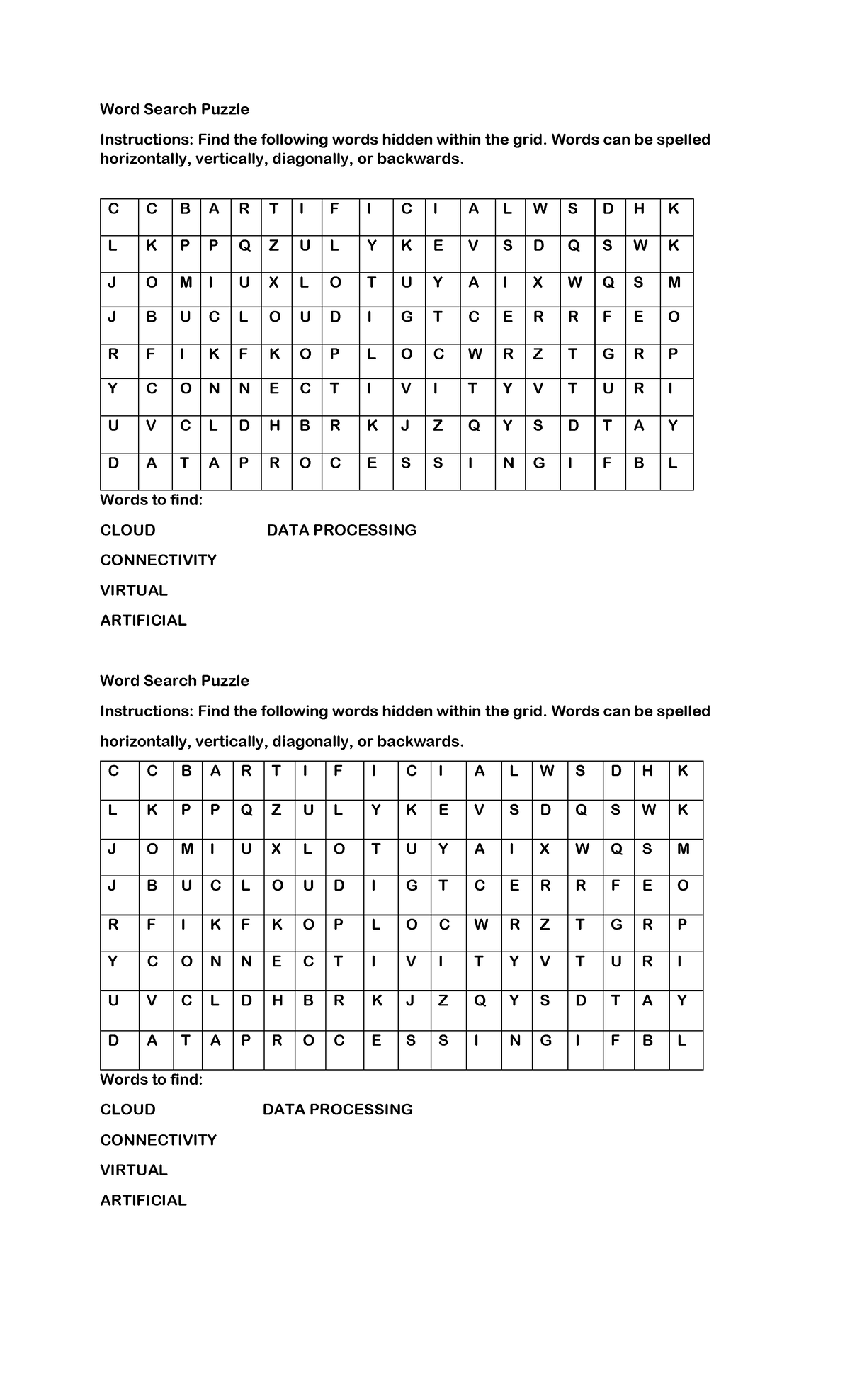 Word Search Puzzle Instructions: CLOUD, DATA, VIRTUAL, CONNECTIVITY ...