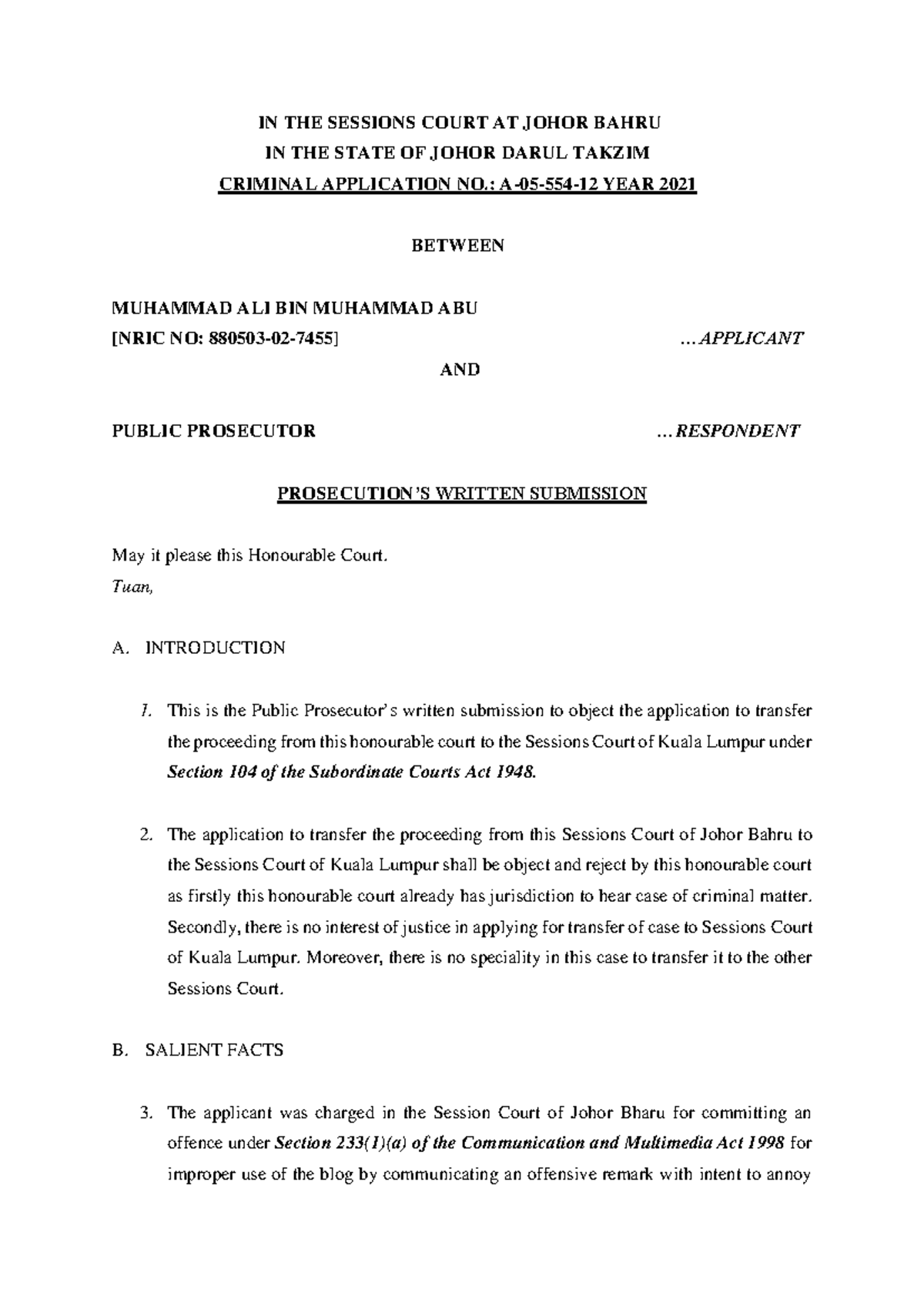 Prosecution's Written Submission on DPP A-05-554-12 (JOHOR) - Studocu