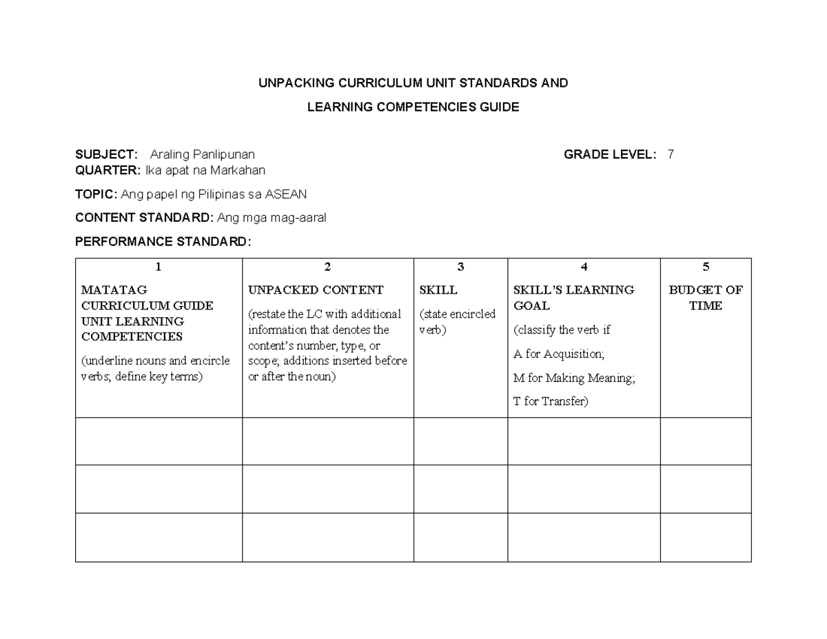2024 Unpacking Curriculum Unit Standards for Araling Panlipunan Grade 7 ...