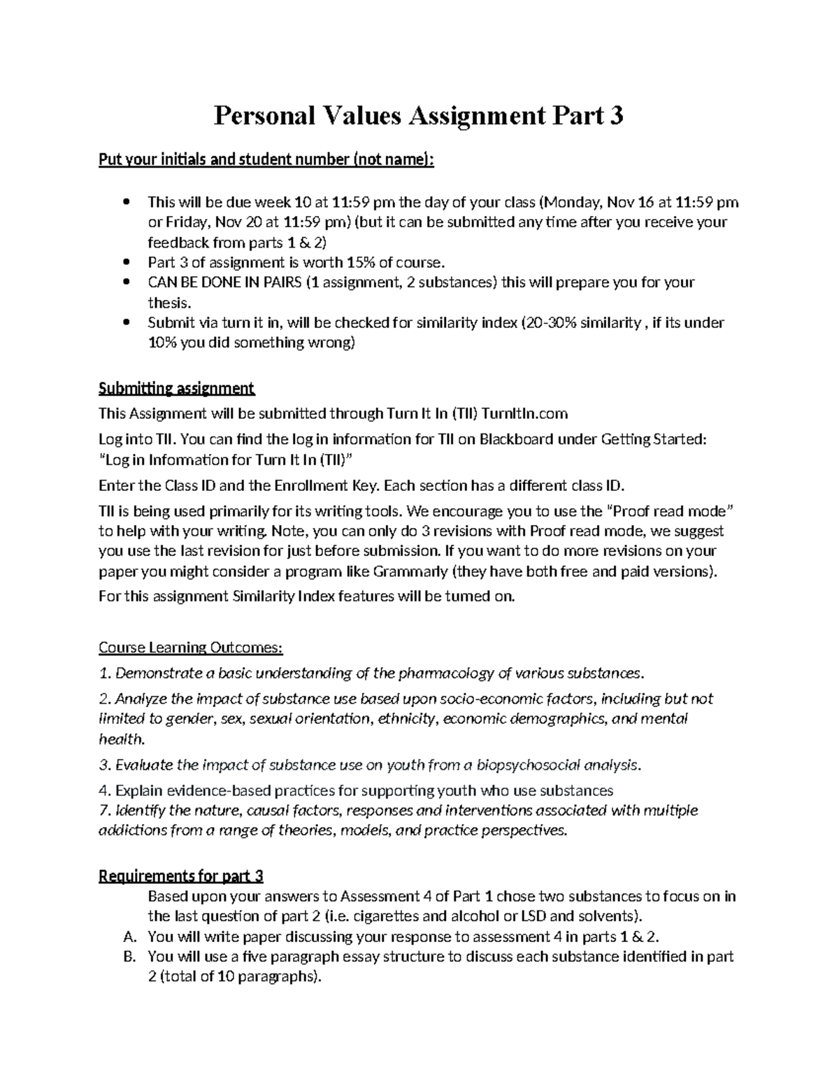 Personal Values Assignment Part 3: Analyzing Two Substances - Studocu